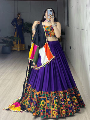 Navratri Purple Gamthi Mirror Work Lehenga Set