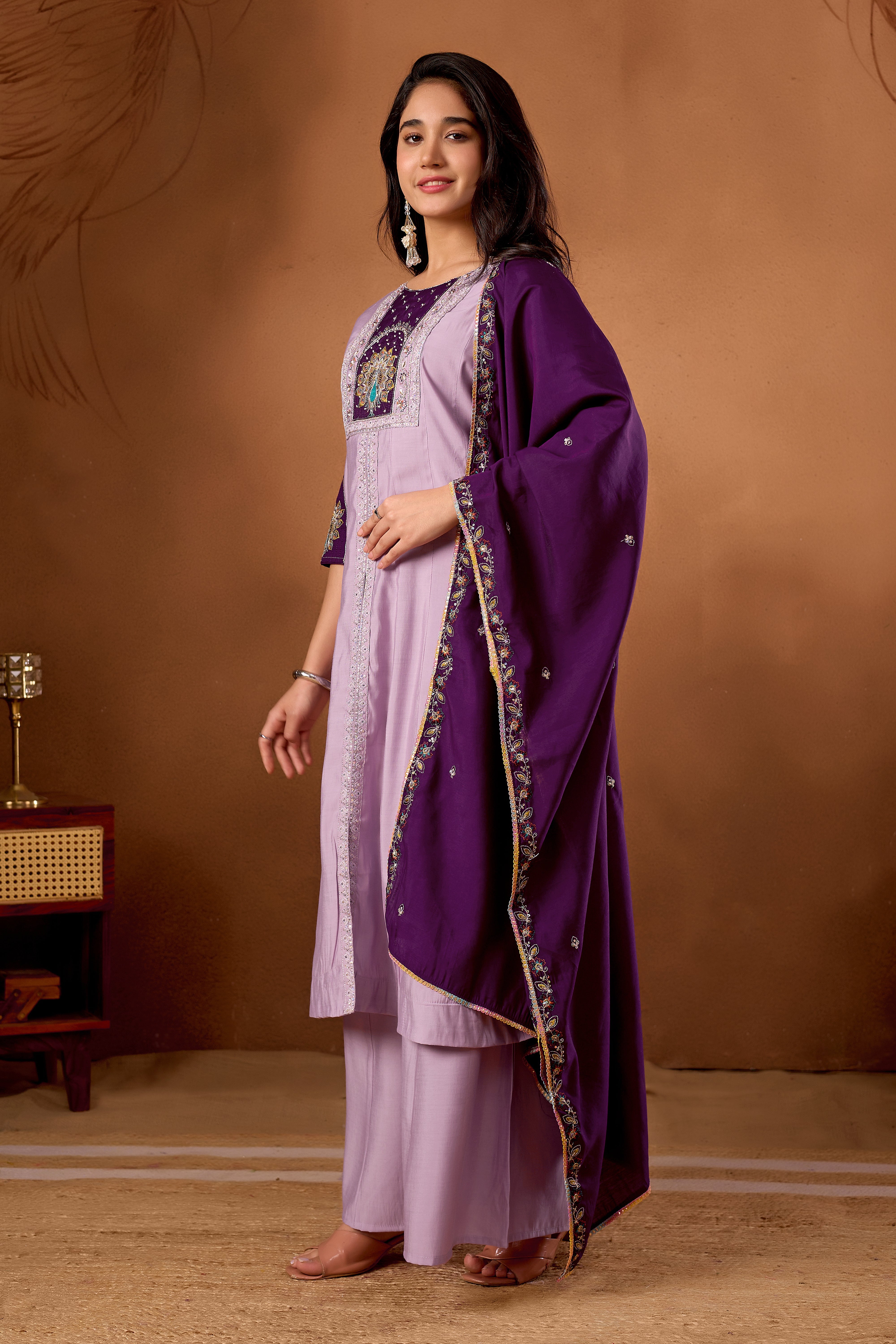 Hanch Roman Silk Embroidered Anarkali Kurti Set – Light Lovender