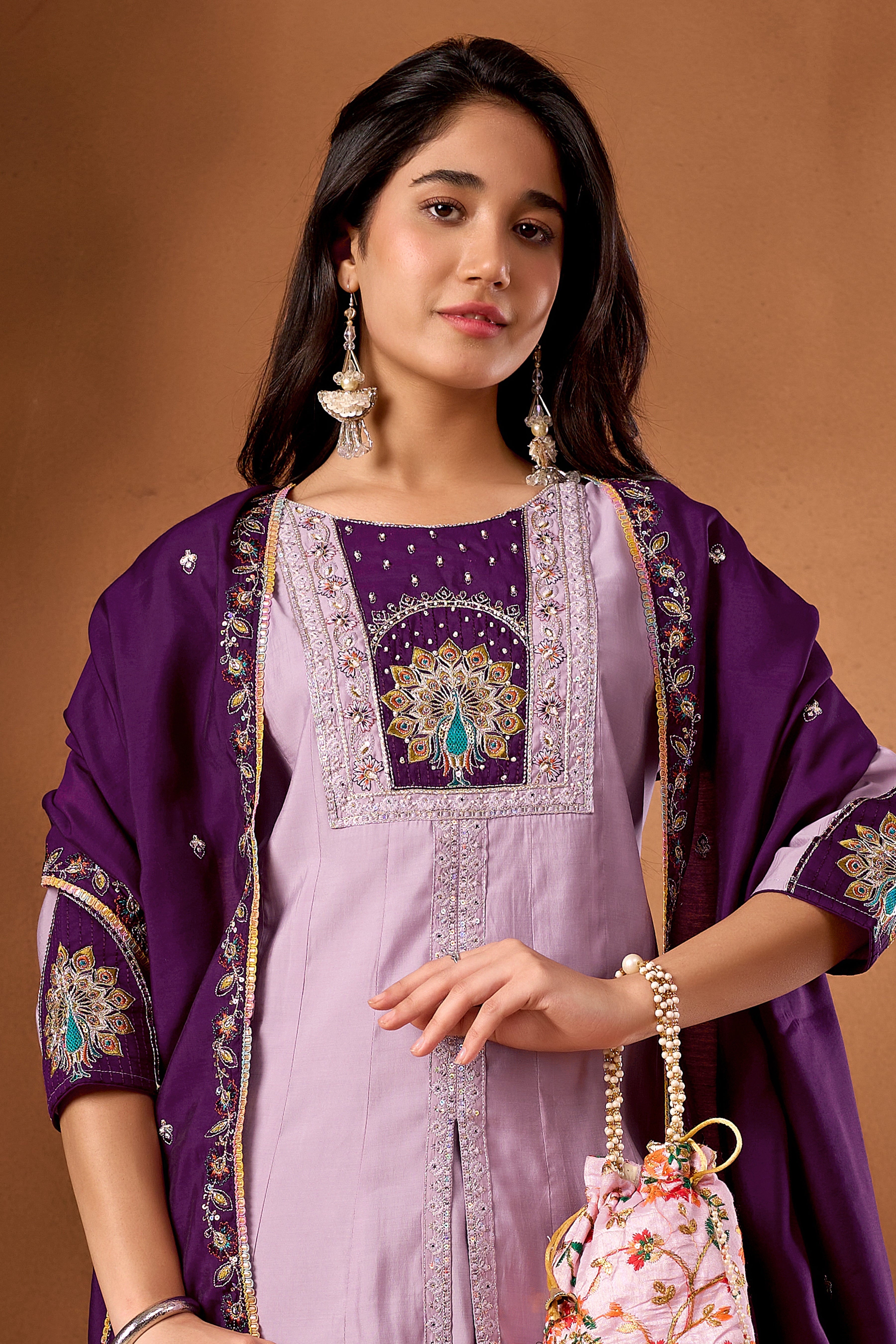 Hanch Roman Silk Embroidered Anarkali Kurti Set – Light Lovender