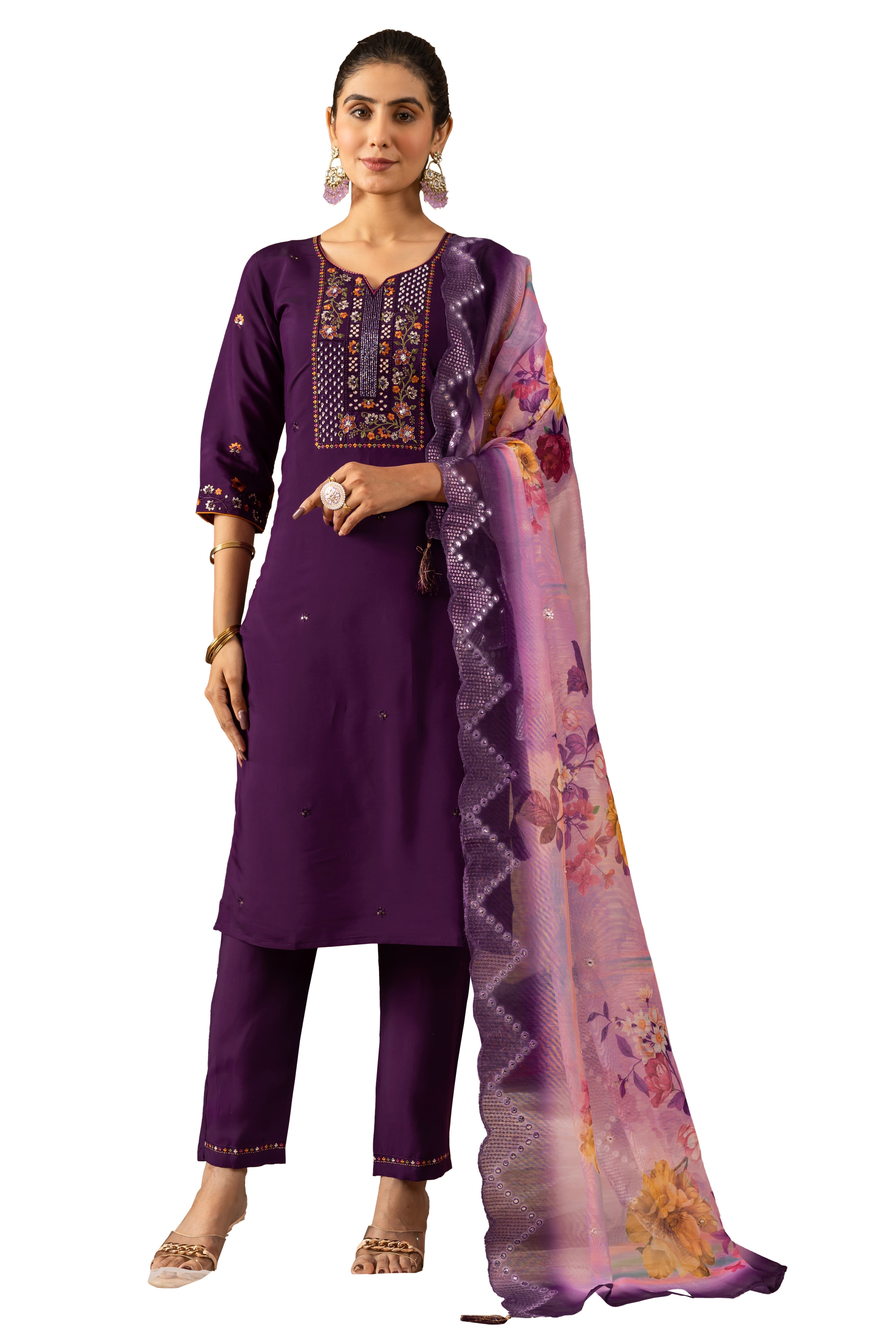 Hanch Roman Silk Embroidered Straight Kurti Set – Purple