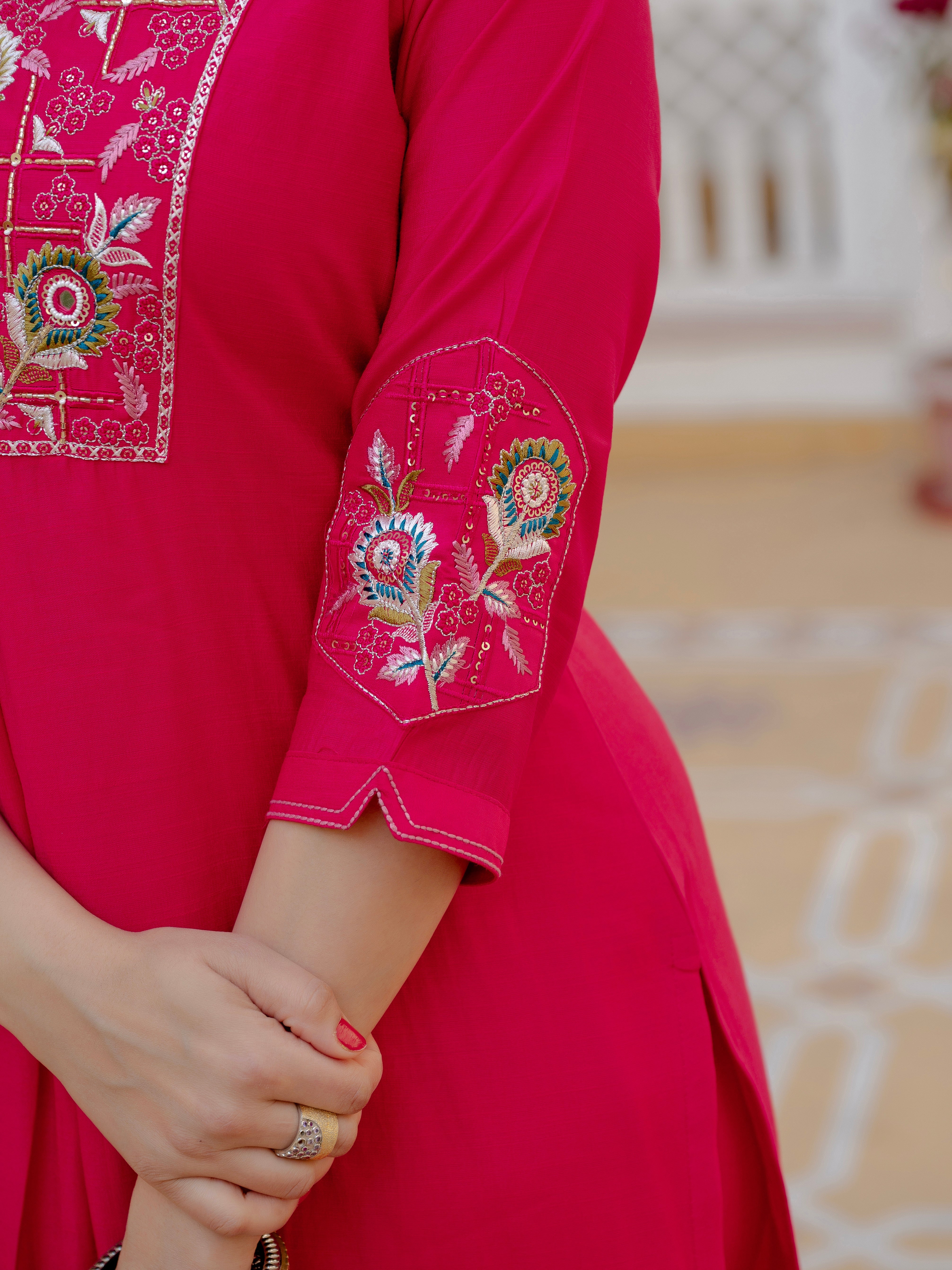 Hanch Pure Viscose Mango Silk Embroidered Straight Kurti Set – Pink