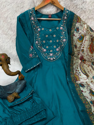 Hanch Premium Marina Silk Embroidered Straight Kurti Set – Firozi