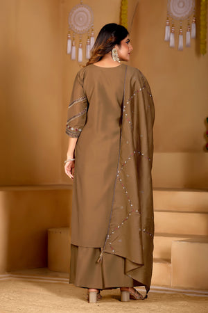 Hanch Viscose Mango Silk Embroidered Anarkali Kurti Set – Coffee