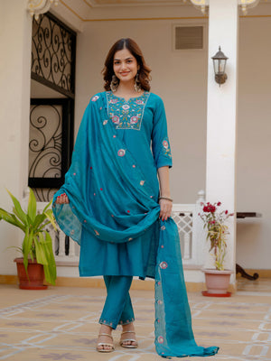 Hanch Pure Viscose Mango Silk Embroidered Straight Kurti Set – Firozi
