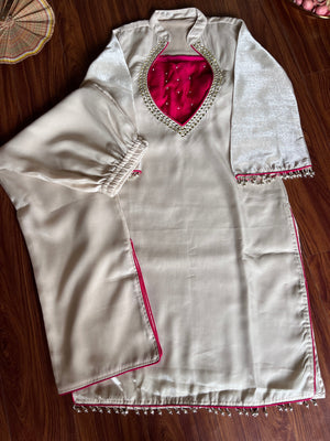 Hanch Roman Glass Silk Embroidered Kurti + Blouse + Palazzo Set – Ivory & Rani Pink