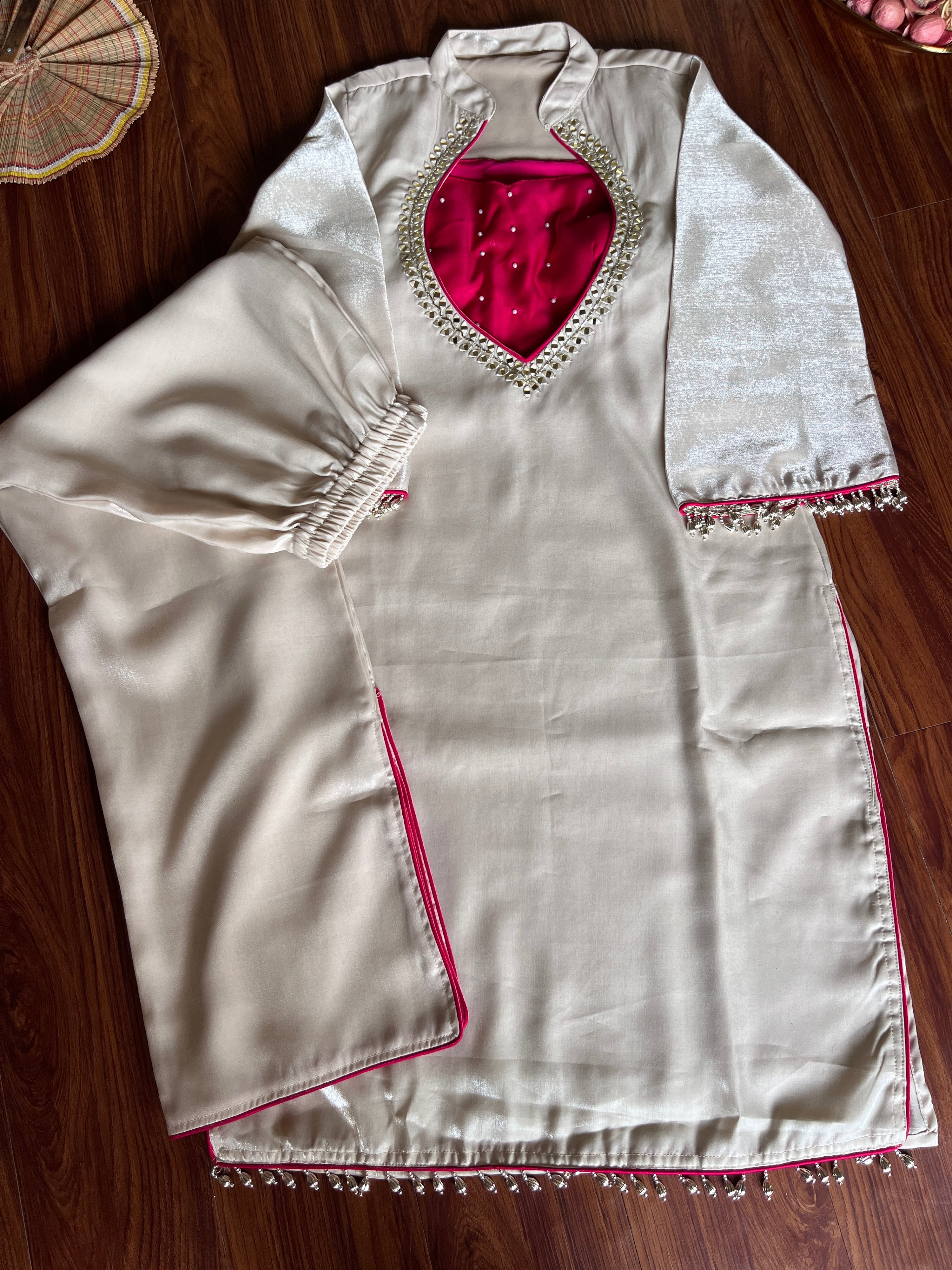 Hanch Roman Glass Silk Embroidered Kurti + Blouse + Palazzo Set – Ivory & Rani Pink