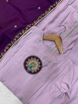 Hanch Roman Silk Embroidered Anarkali Kurti Set – Light Lovender