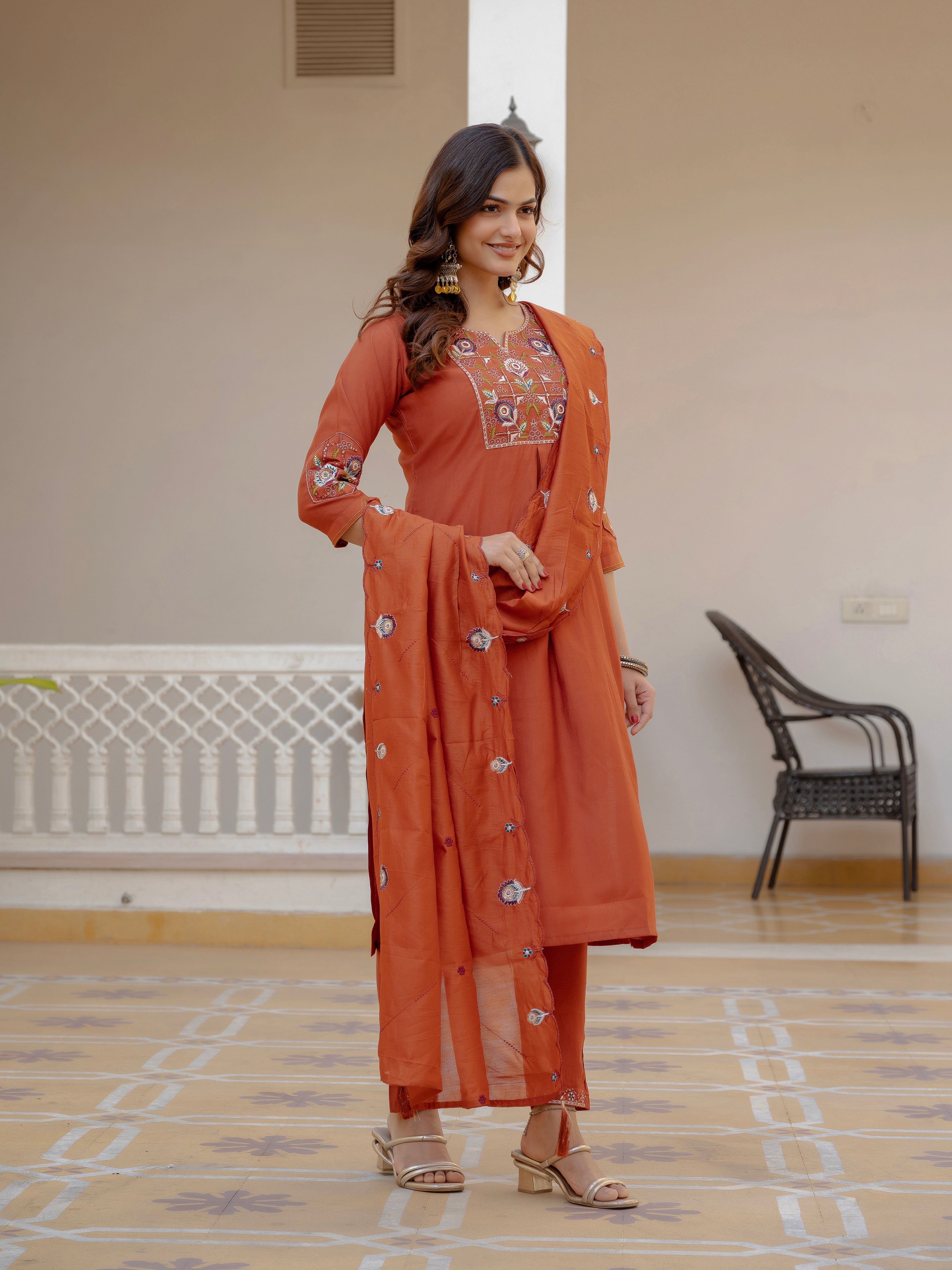 Hanch Pure Viscose Mango Silk Embroidered Straight Kurti Set – Rust