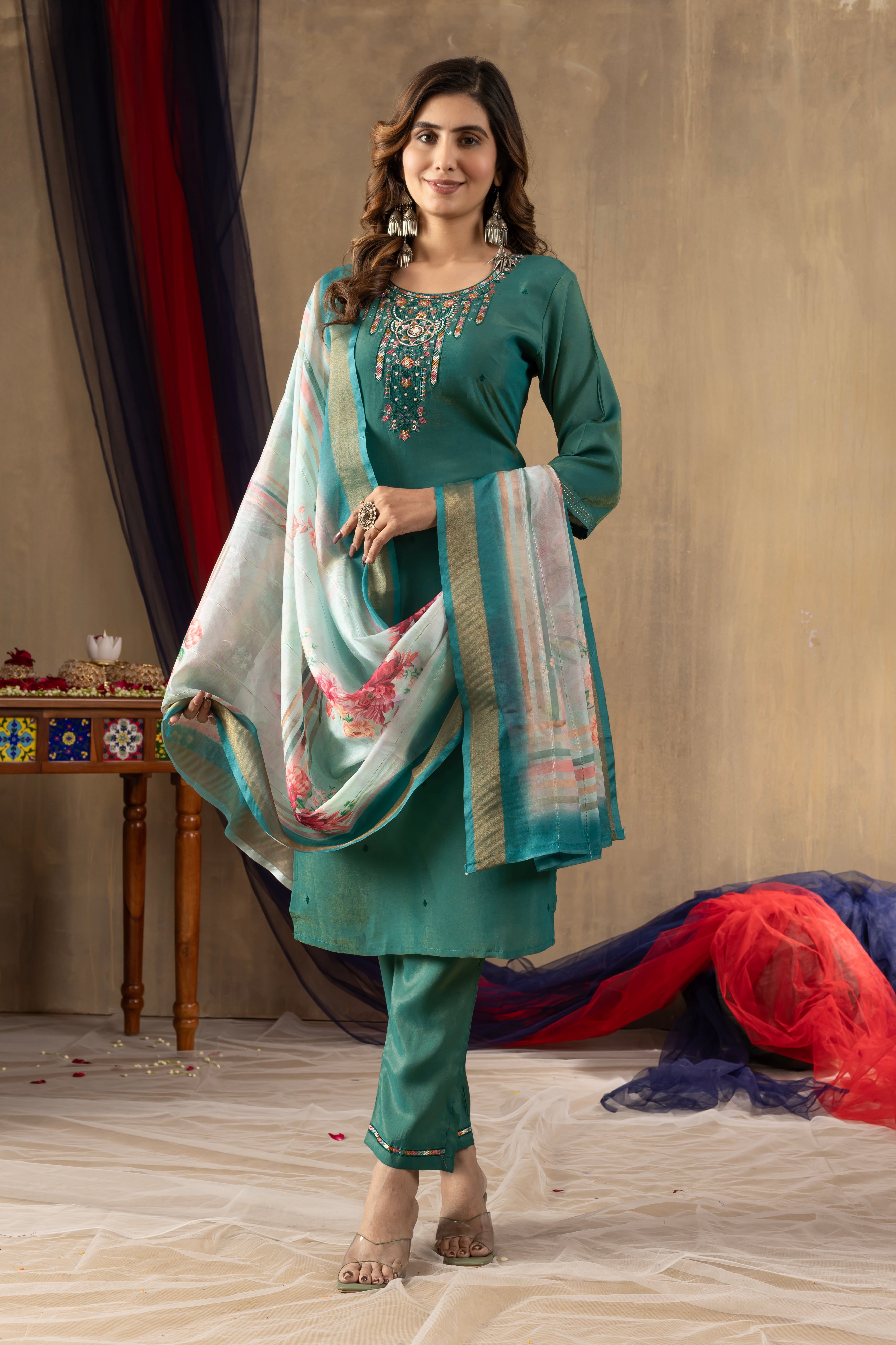 Hanch Shimmer Gold Silk Embroidered Straight Kurti Set – Rama Green