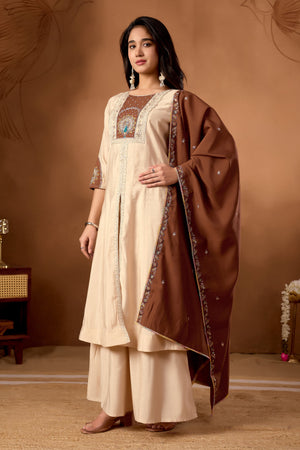 Hanch Roman Silk Embroidered Anarkali Kurti Set – Cream