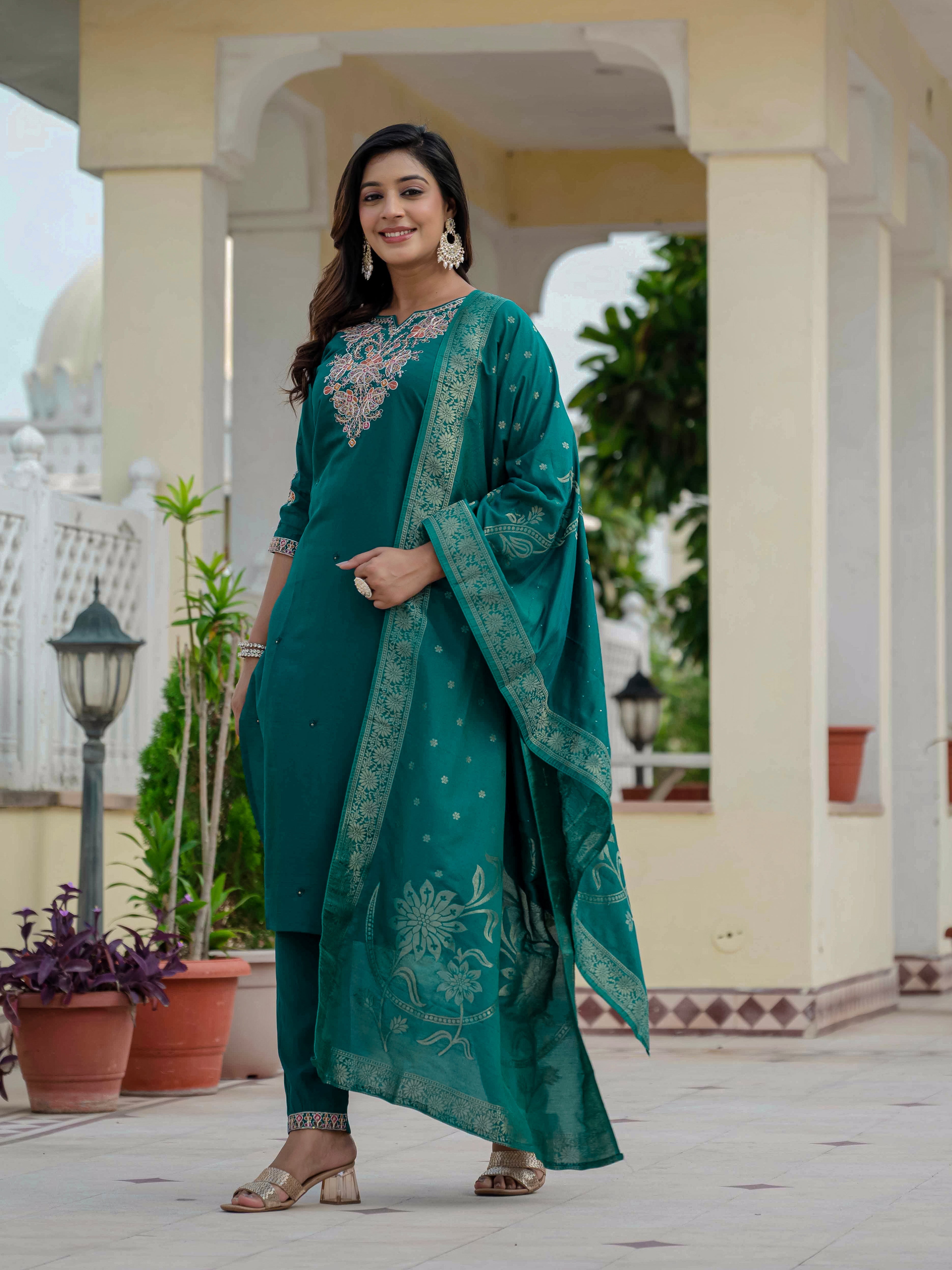 Hanch Premium Roman Silk Embroidered Straight Kurti Set – Rama Green