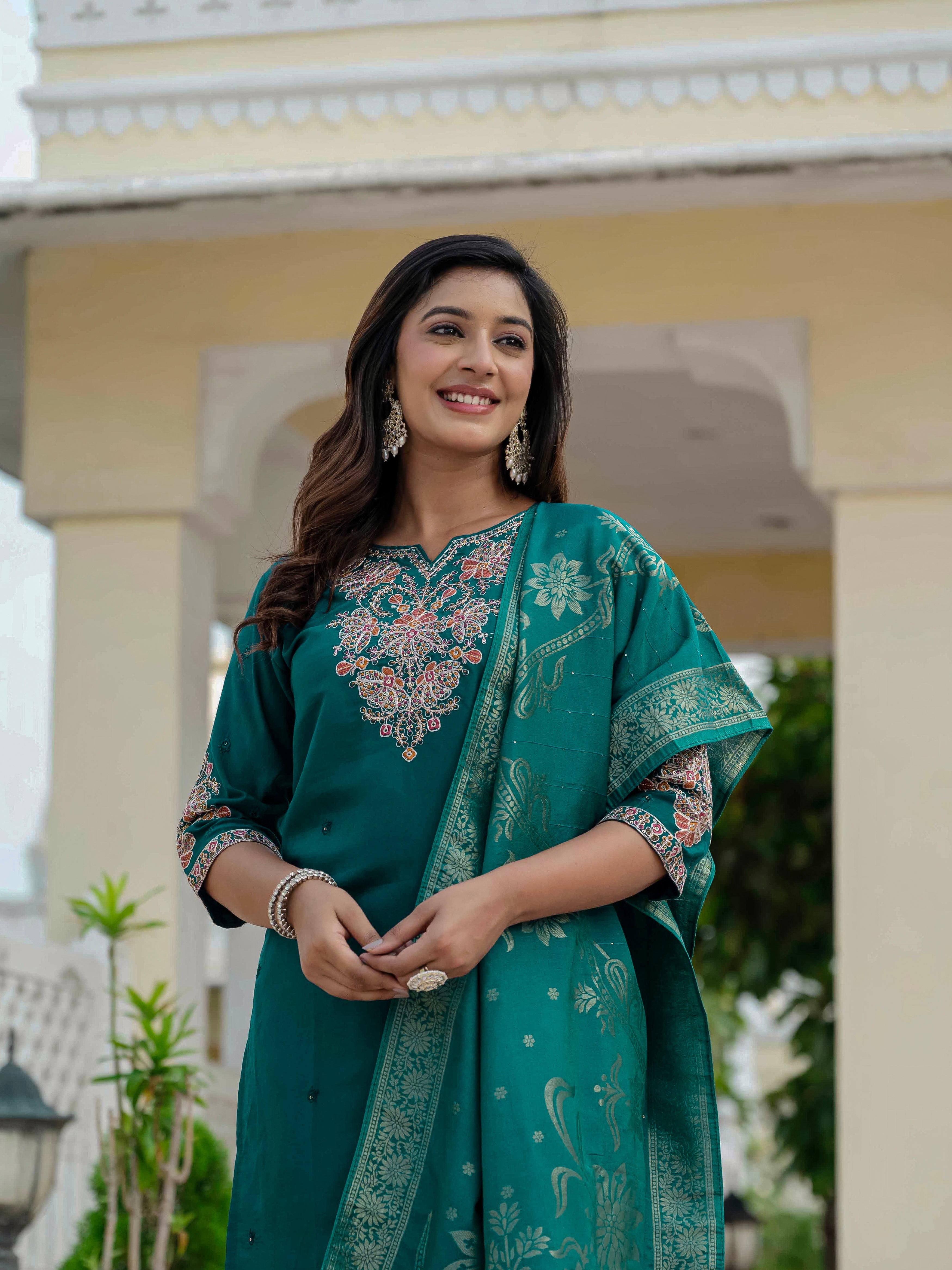 Hanch Premium Roman Silk Embroidered Straight Kurti Set – Rama Green