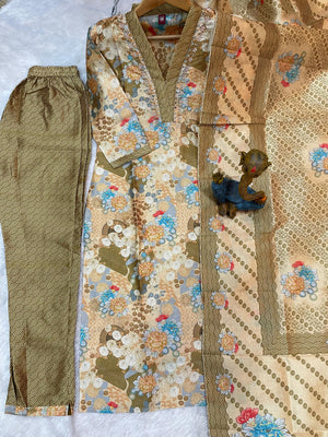 Hanch Zarna Silk Embroidered Straight Kurti Set – Beige
