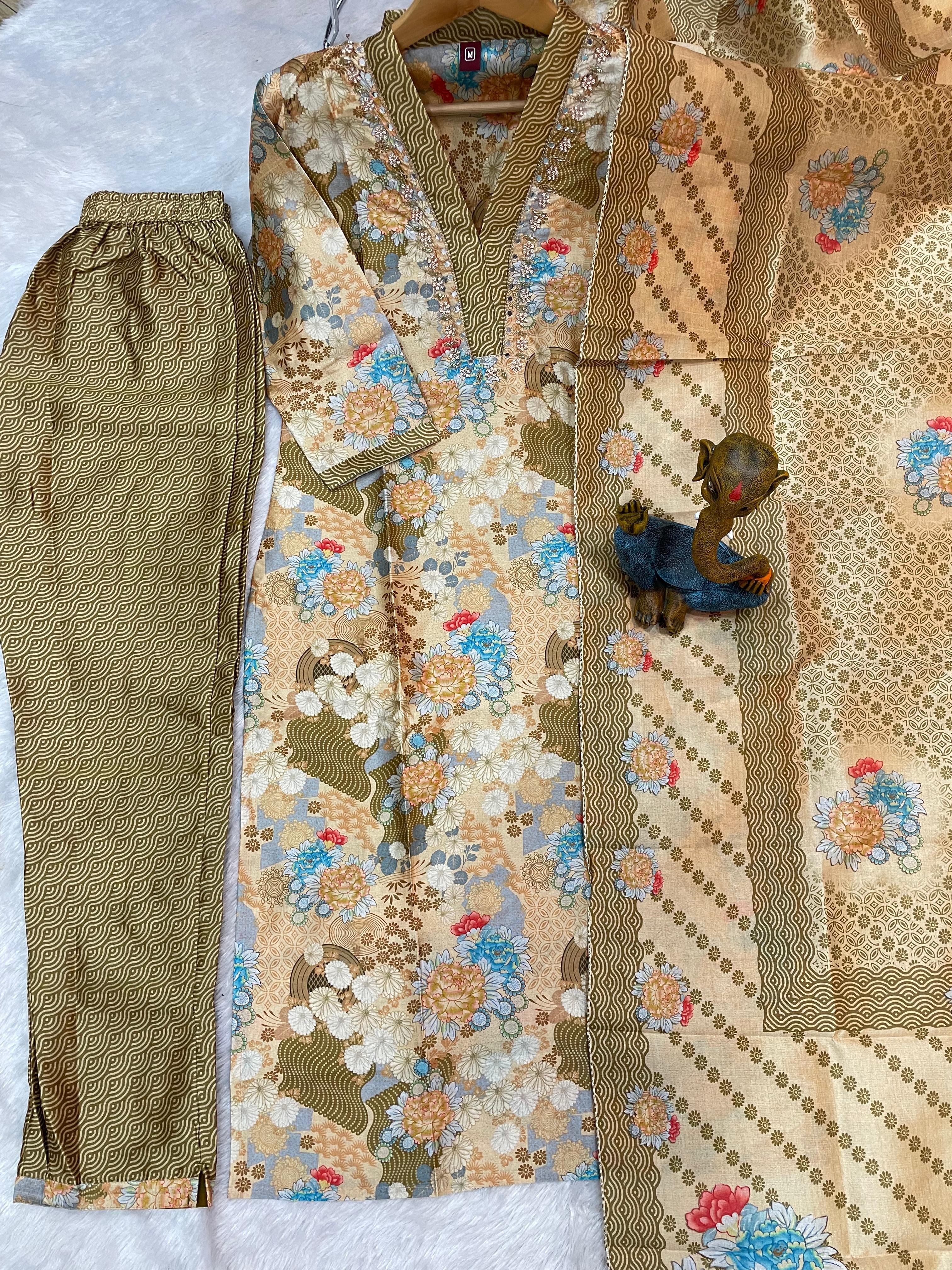 Hanch Zarna Silk Embroidered Straight Kurti Set – Beige