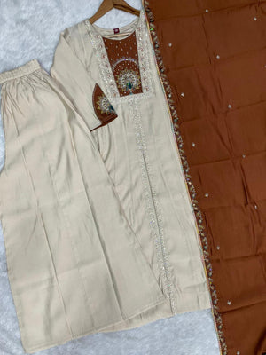 Hanch Roman Silk Embroidered Anarkali Kurti Set – Cream