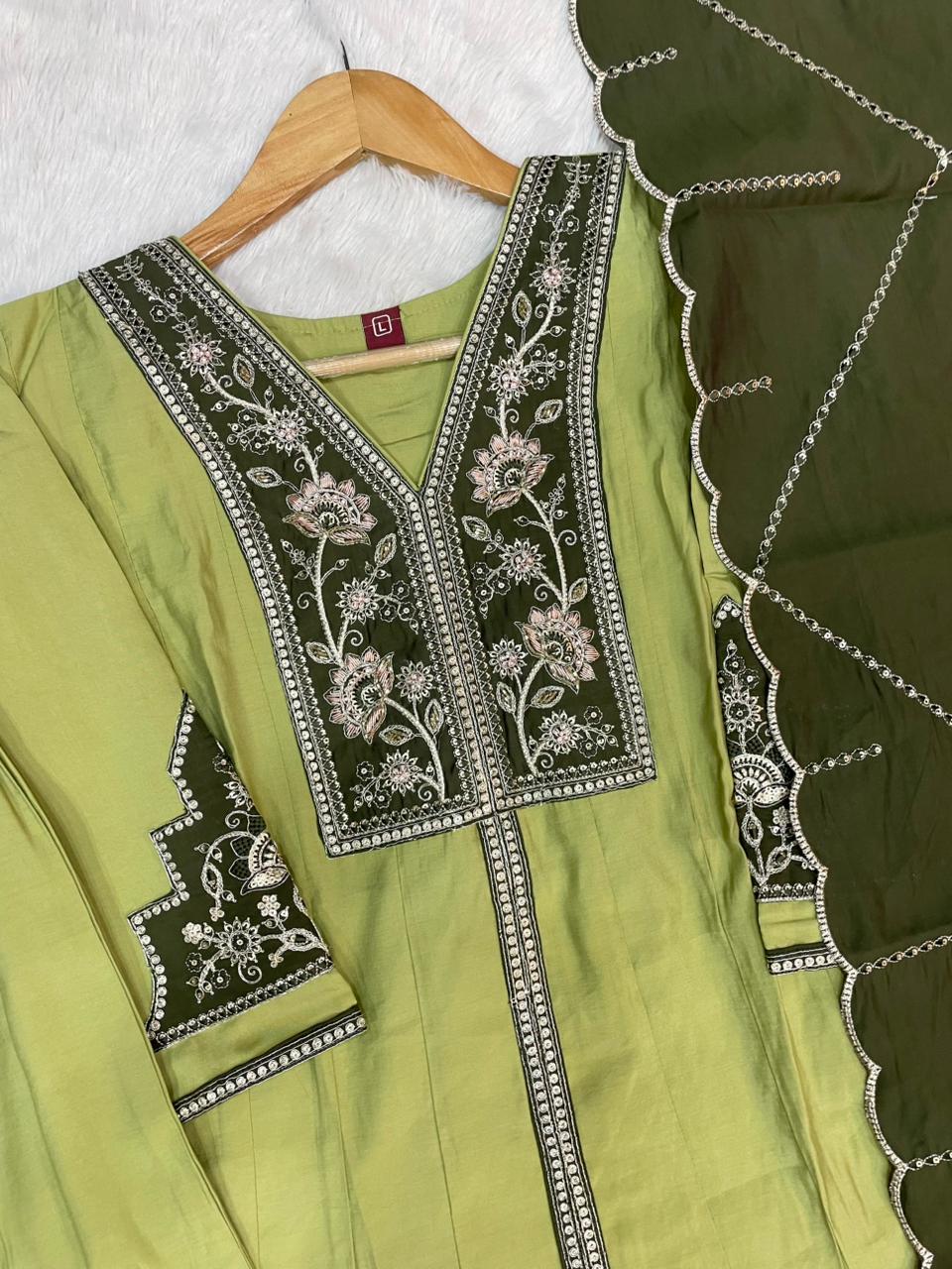 Hanch Roman Silk Embroidered Anarkali Kurti Set – Pista