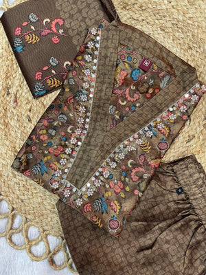 Hanch Zarna Silk Embroidered Straight Kurti Set – Coffee Brown
