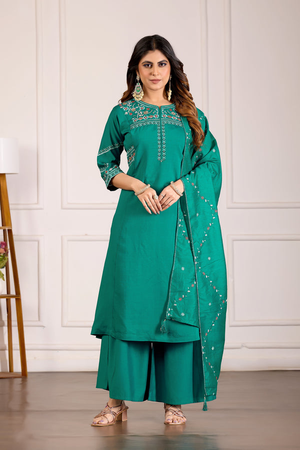 Hanch Viscose Mango Silk Embroidered Anarkali Kurti Set – Rama Green