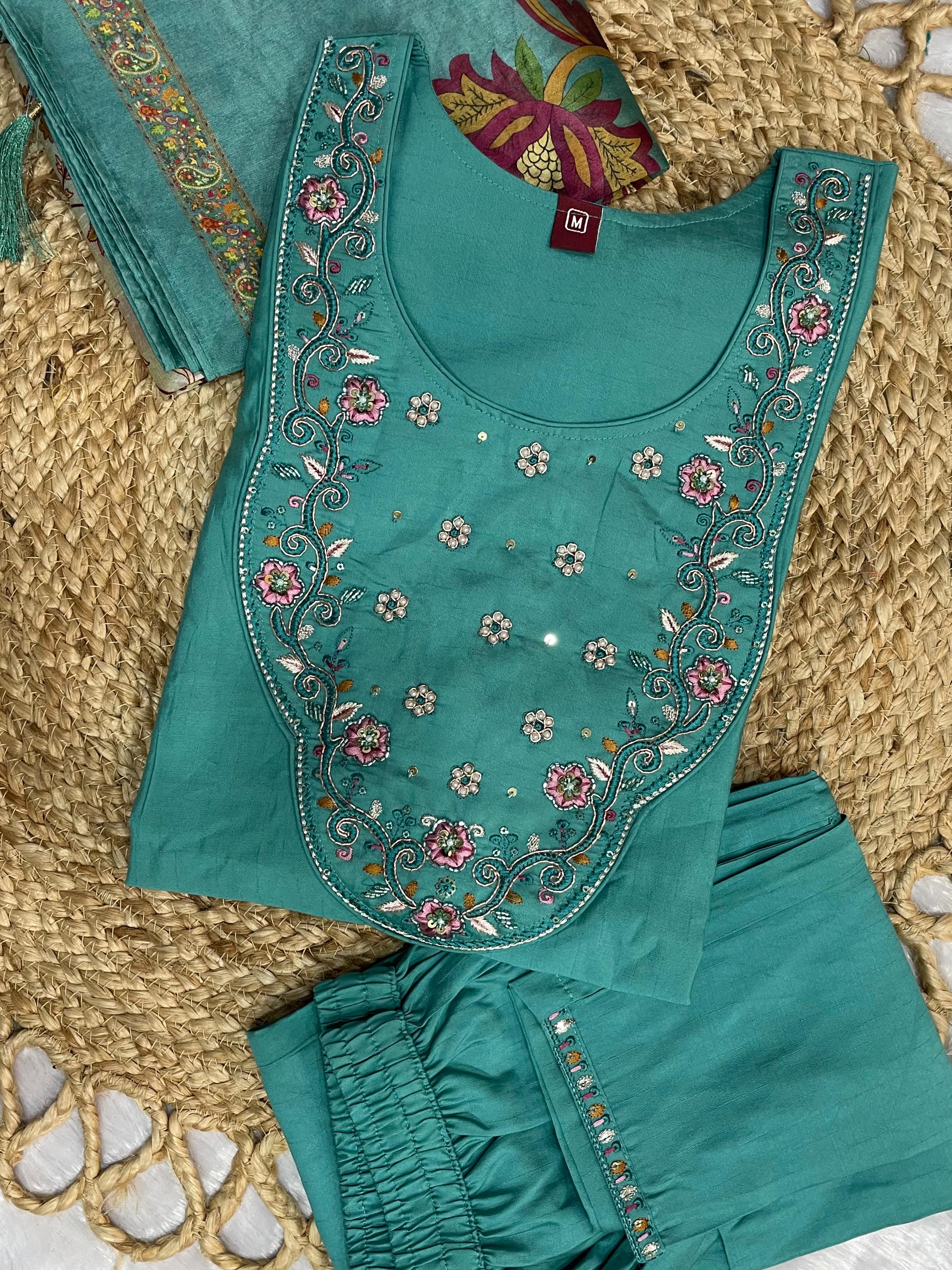 Hanch Premium Marina Silk Embroidered Straight Kurti Set – See Green
