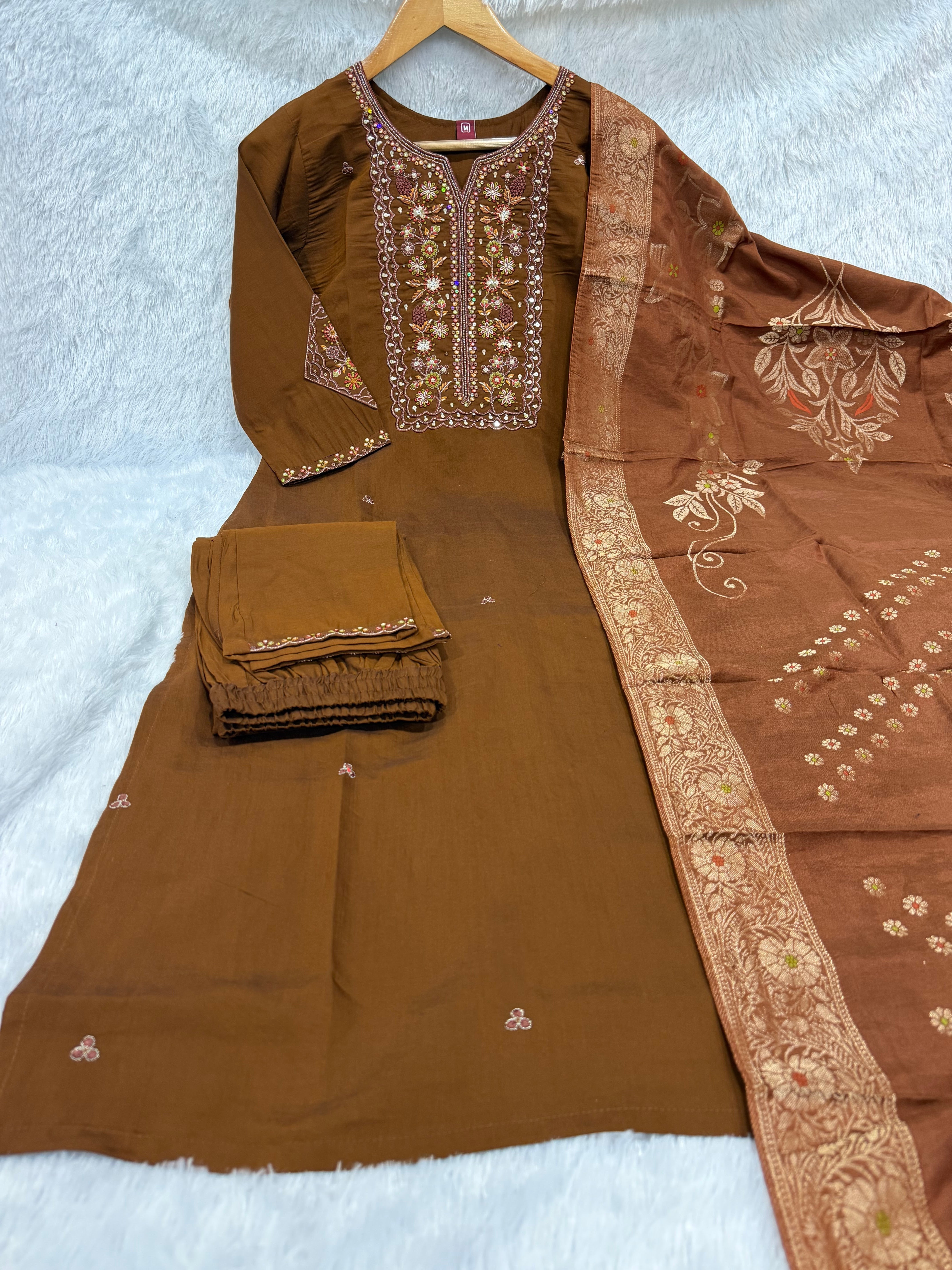 Hanch Pure Viscose Mango Silk Embroidered Straight Kurti Set – Coffee