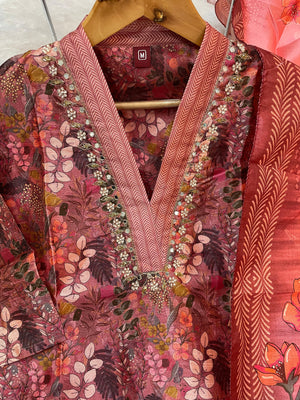 Hanch Zarna Silk Embroidered Straight Kurti Set – Dusty Rose