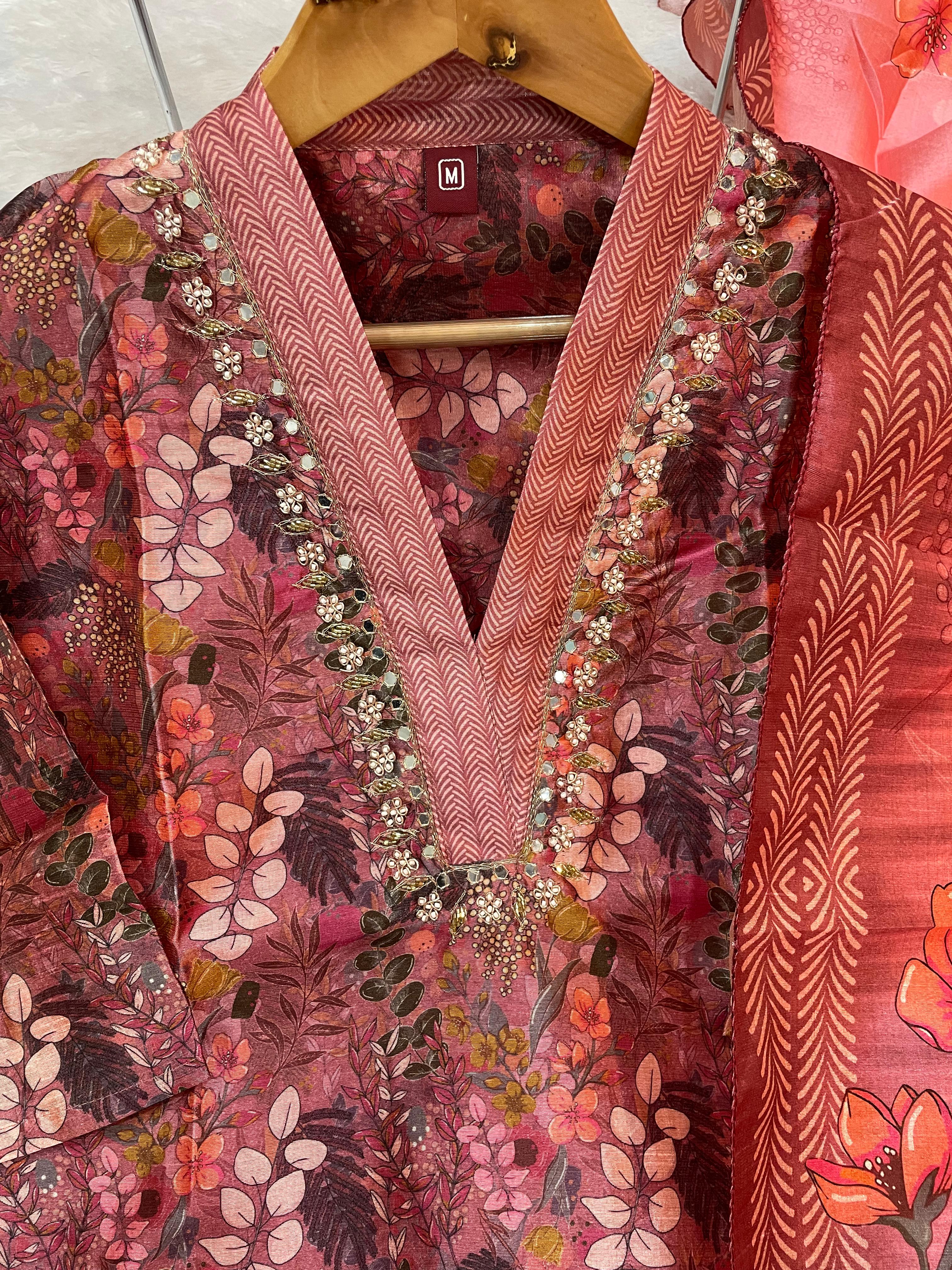 Hanch Zarna Silk Embroidered Straight Kurti Set – Dusty Rose