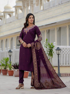 Hanch Premium Roman Silk Embroidered Straight Kurti Set – Wine