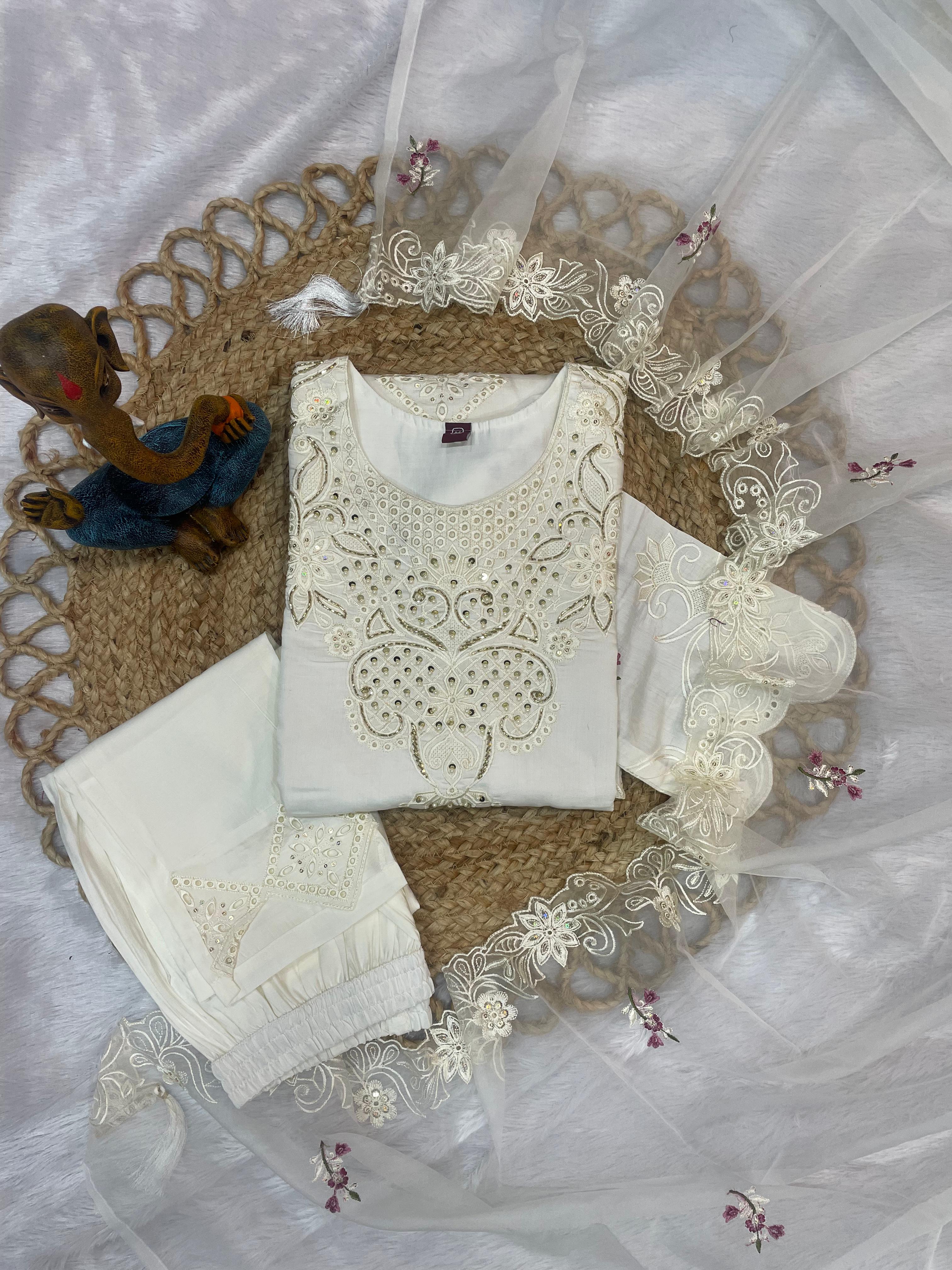 Hanch Heavy Viscose Roman Embroidered Straight Kurti Set – White