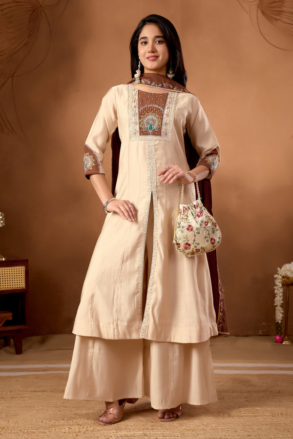 Hanch Roman Silk Embroidered Anarkali Kurti Set – Cream