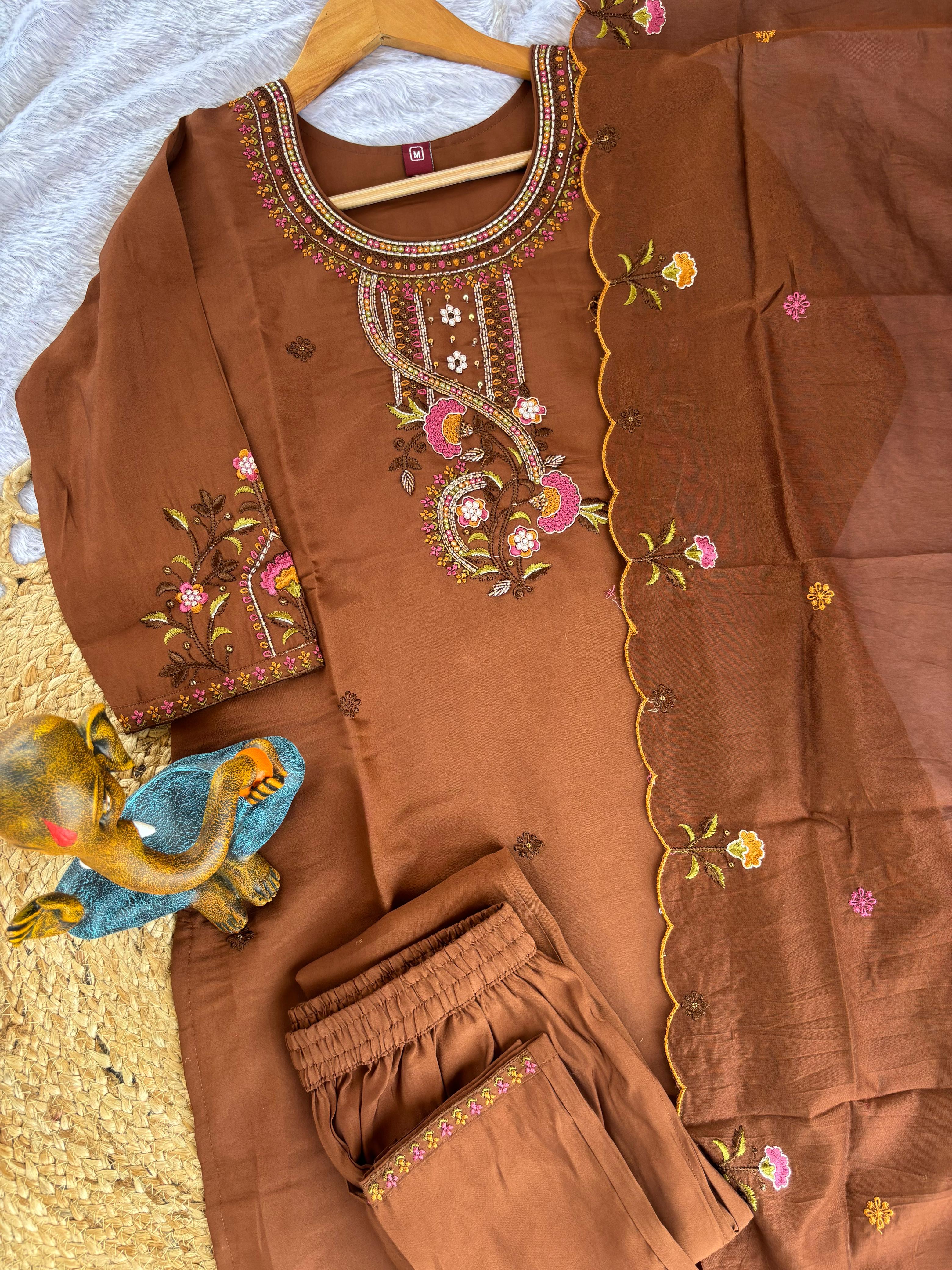 Hanch Roman Silk Embroidered Straight Kurti Set – Brown