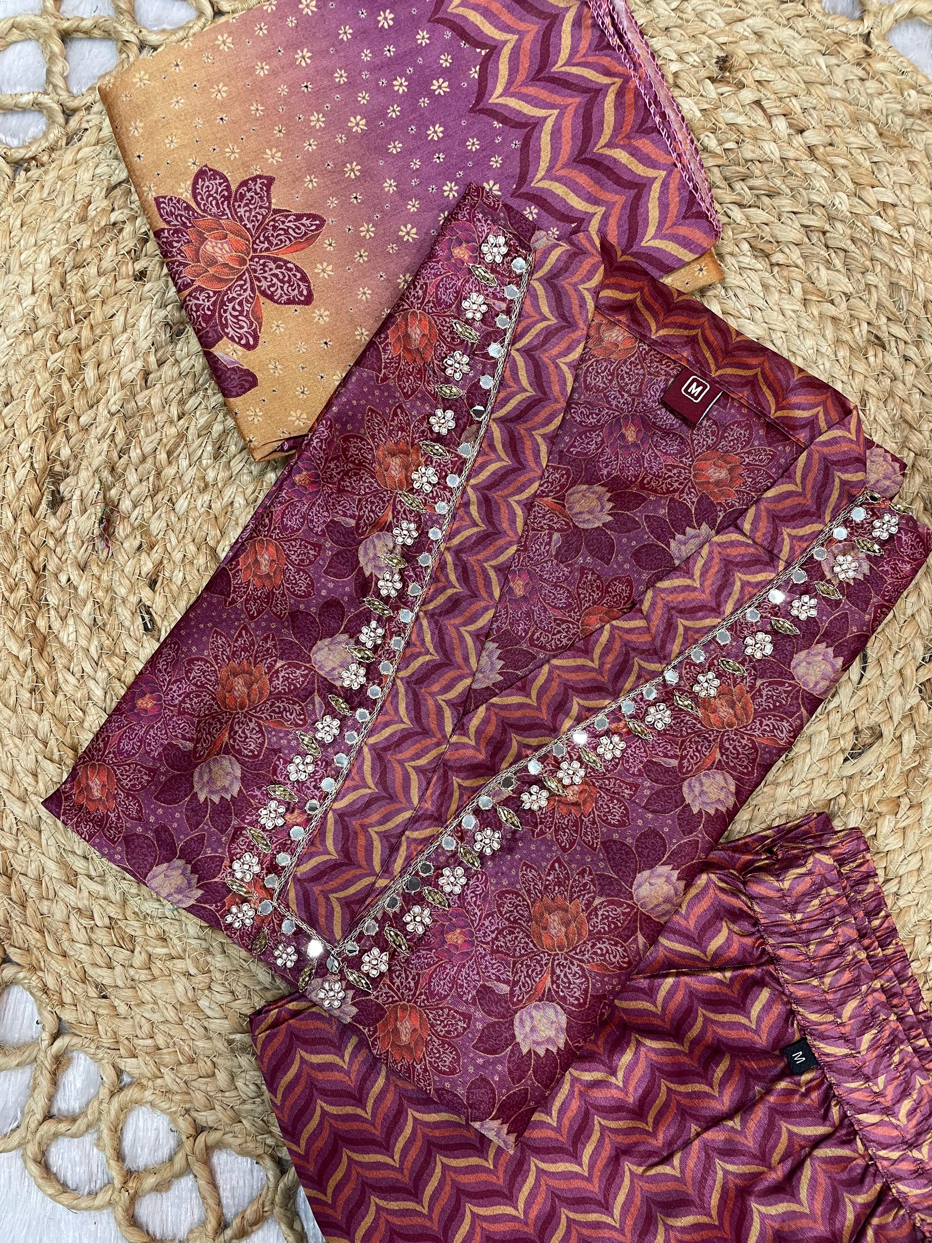 Hanch Zarna Silk Embroidered Straight Kurti Set – Wine Purple
