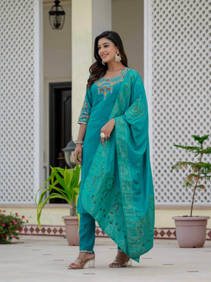 Hanch Premium Roman Silk Embroidered Straight Kurti Set – Firozi
