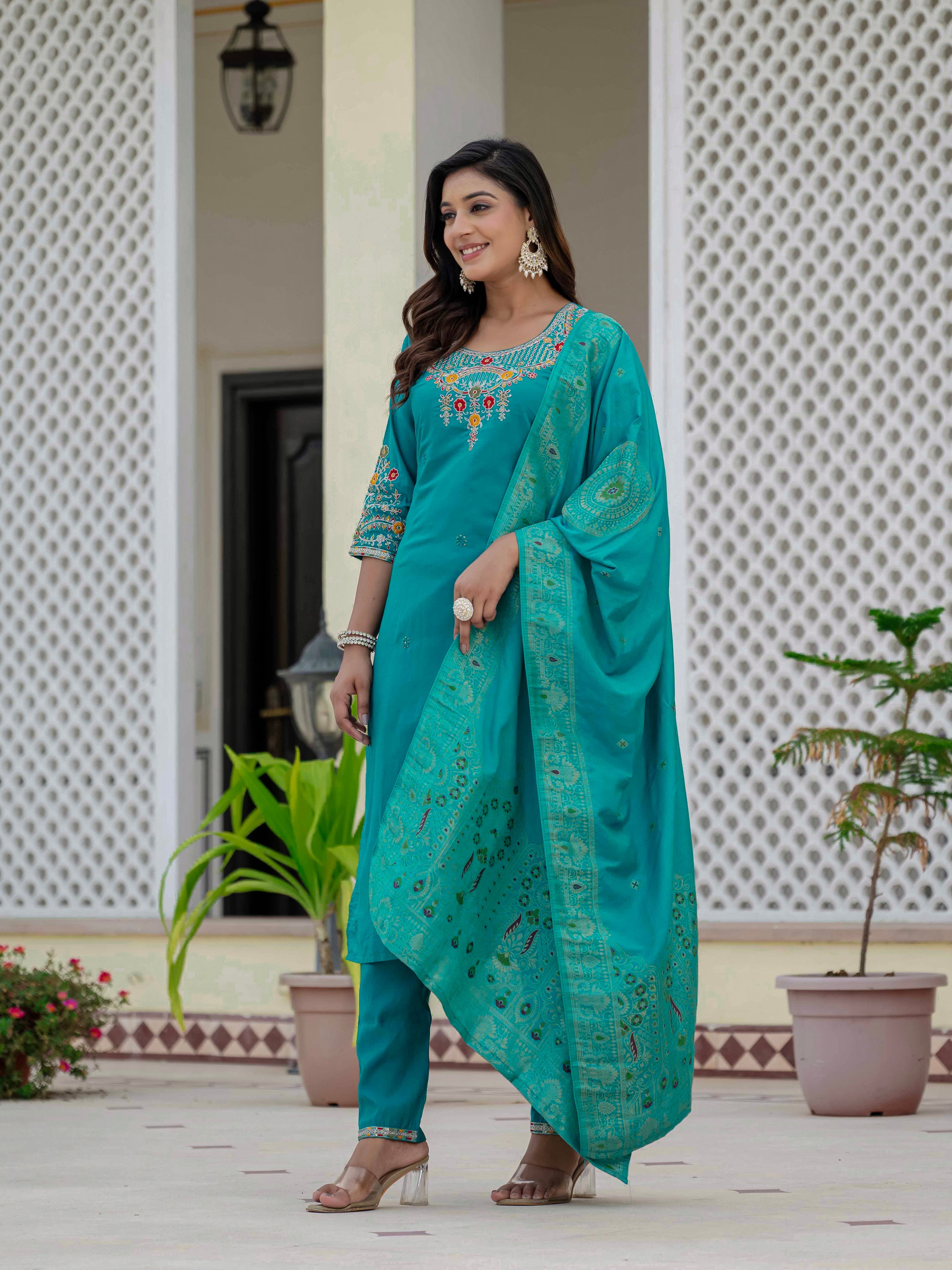 Hanch Premium Roman Silk Embroidered Straight Kurti Set – Firozi