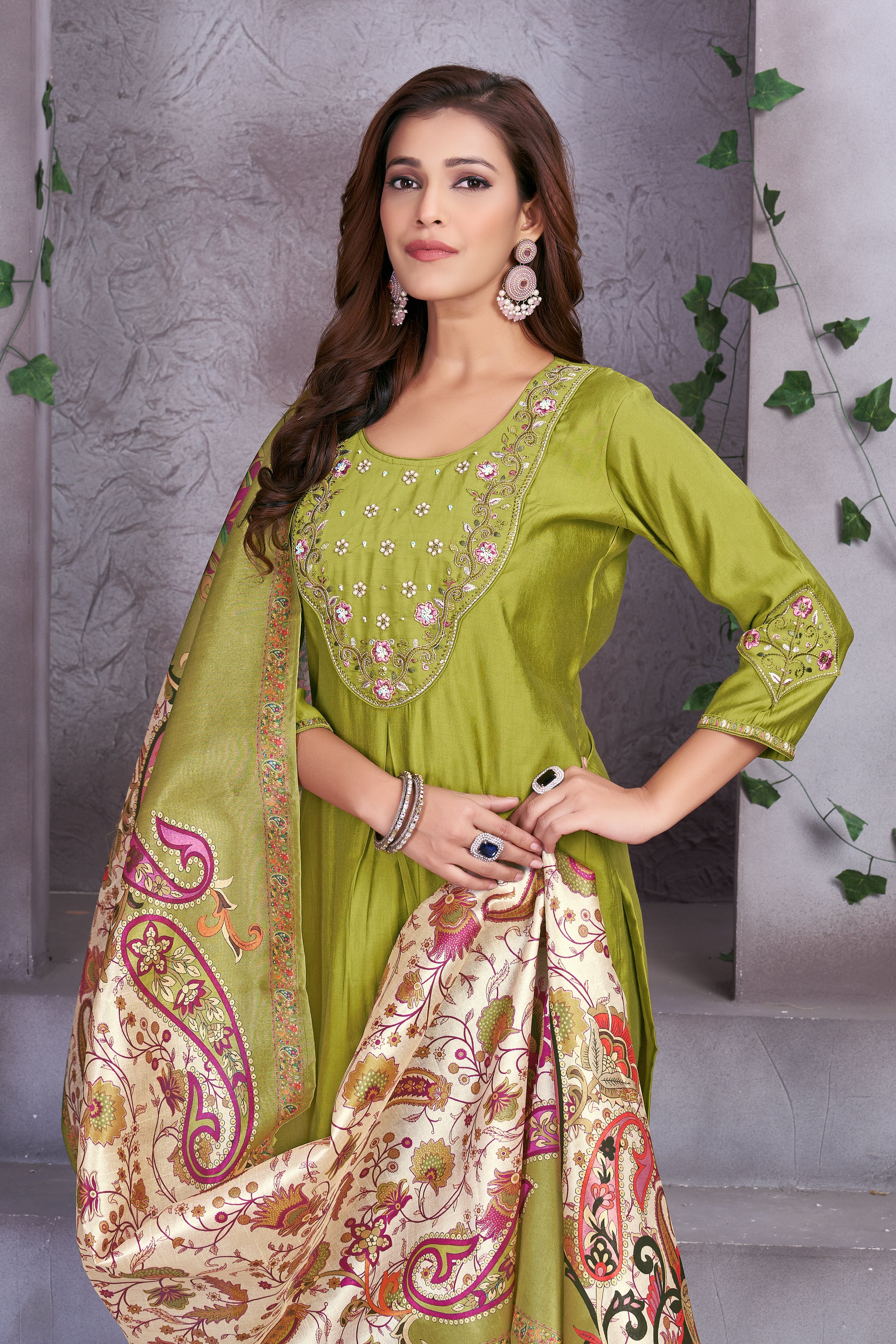 Hanch Premium Marina Silk Embroidered Straight Kurti Set – Parrot Green
