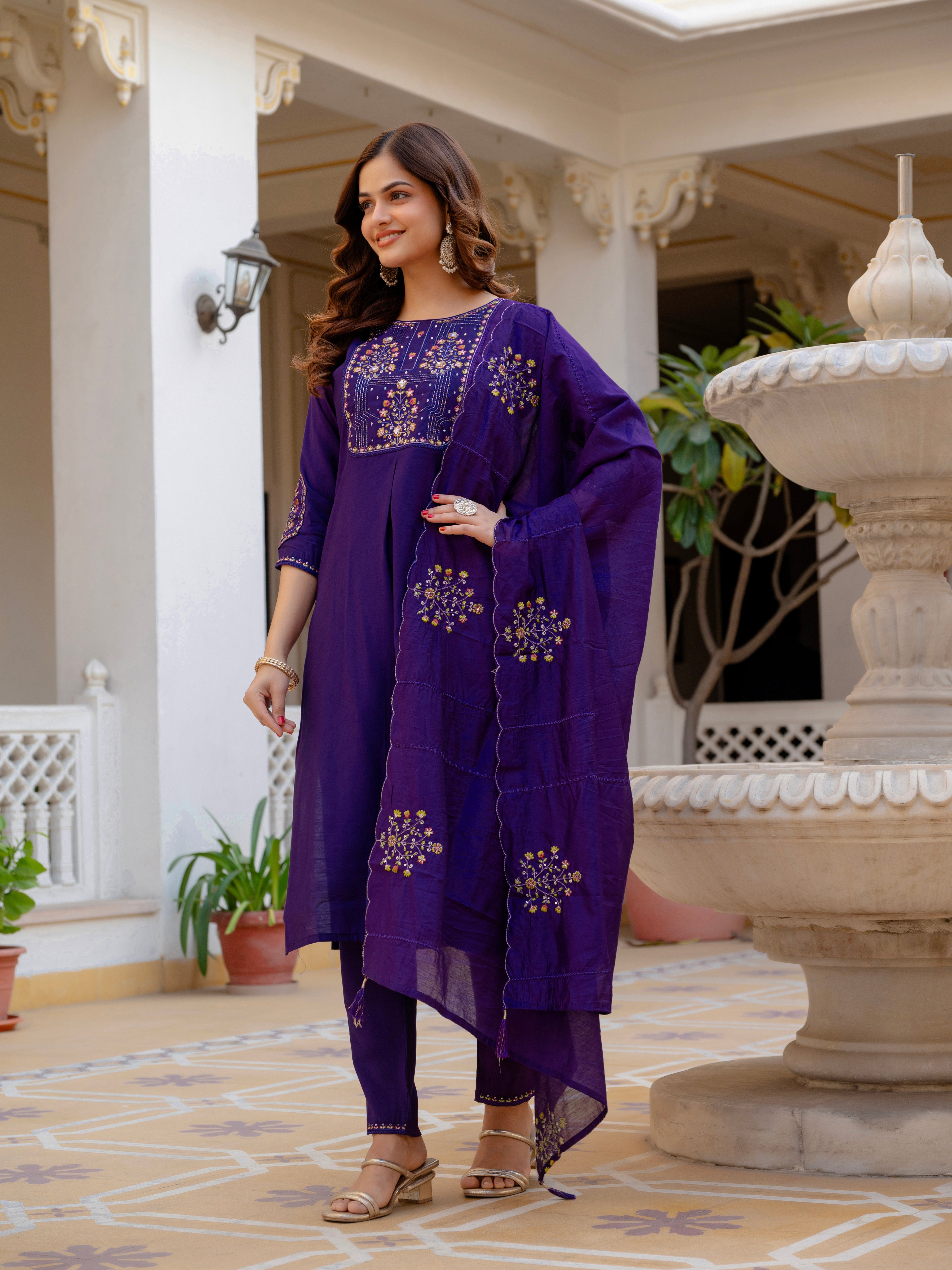 Hanch Pure Viscose Mango Silk Embroidered Straight Kurti Set – Violet