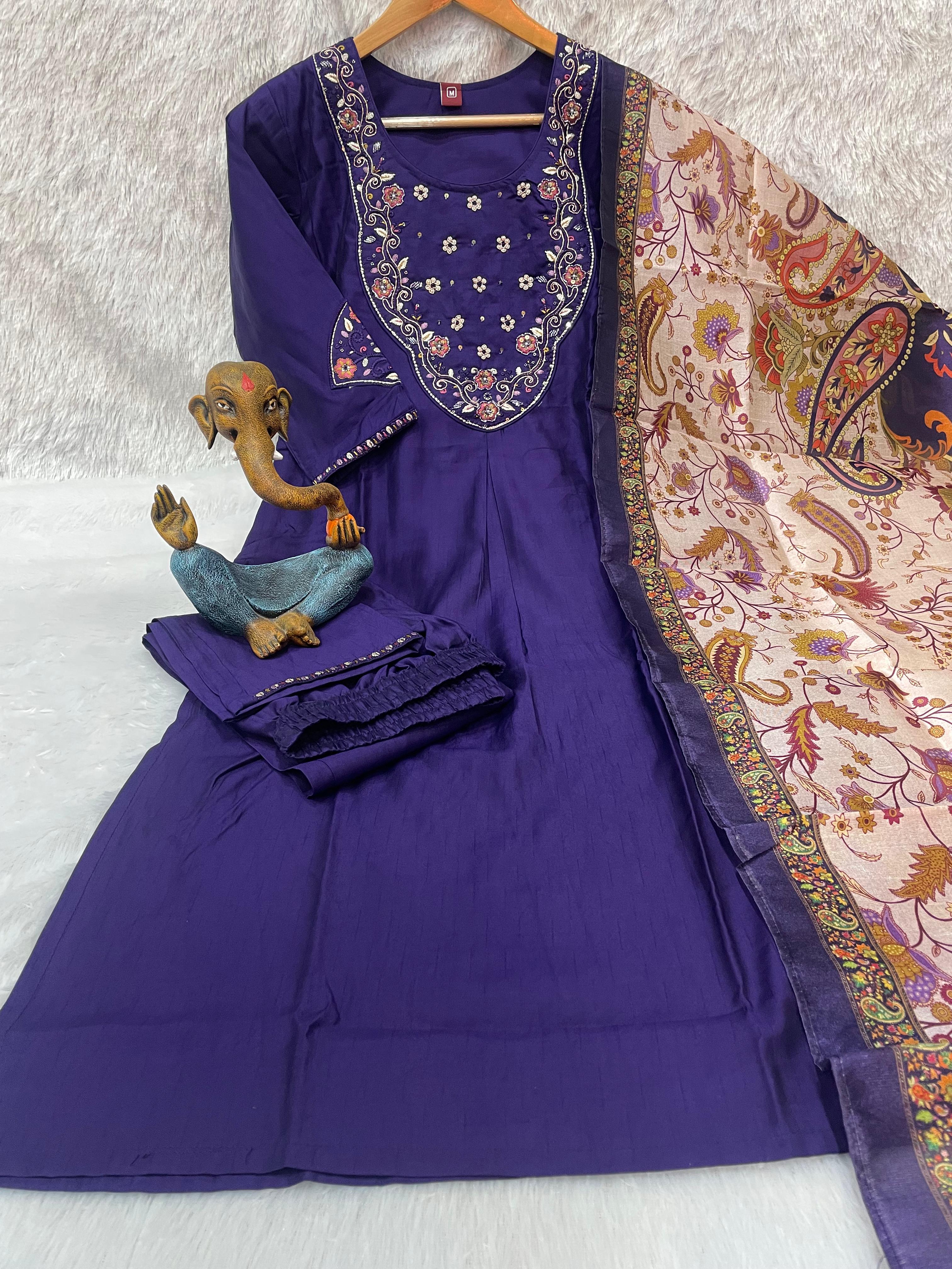 Hanch Premium Marina Silk Embroidered Straight Kurti Set – Violet