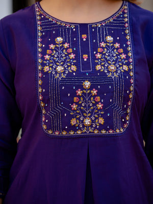 Hanch Pure Viscose Mango Silk Embroidered Straight Kurti Set – Violet