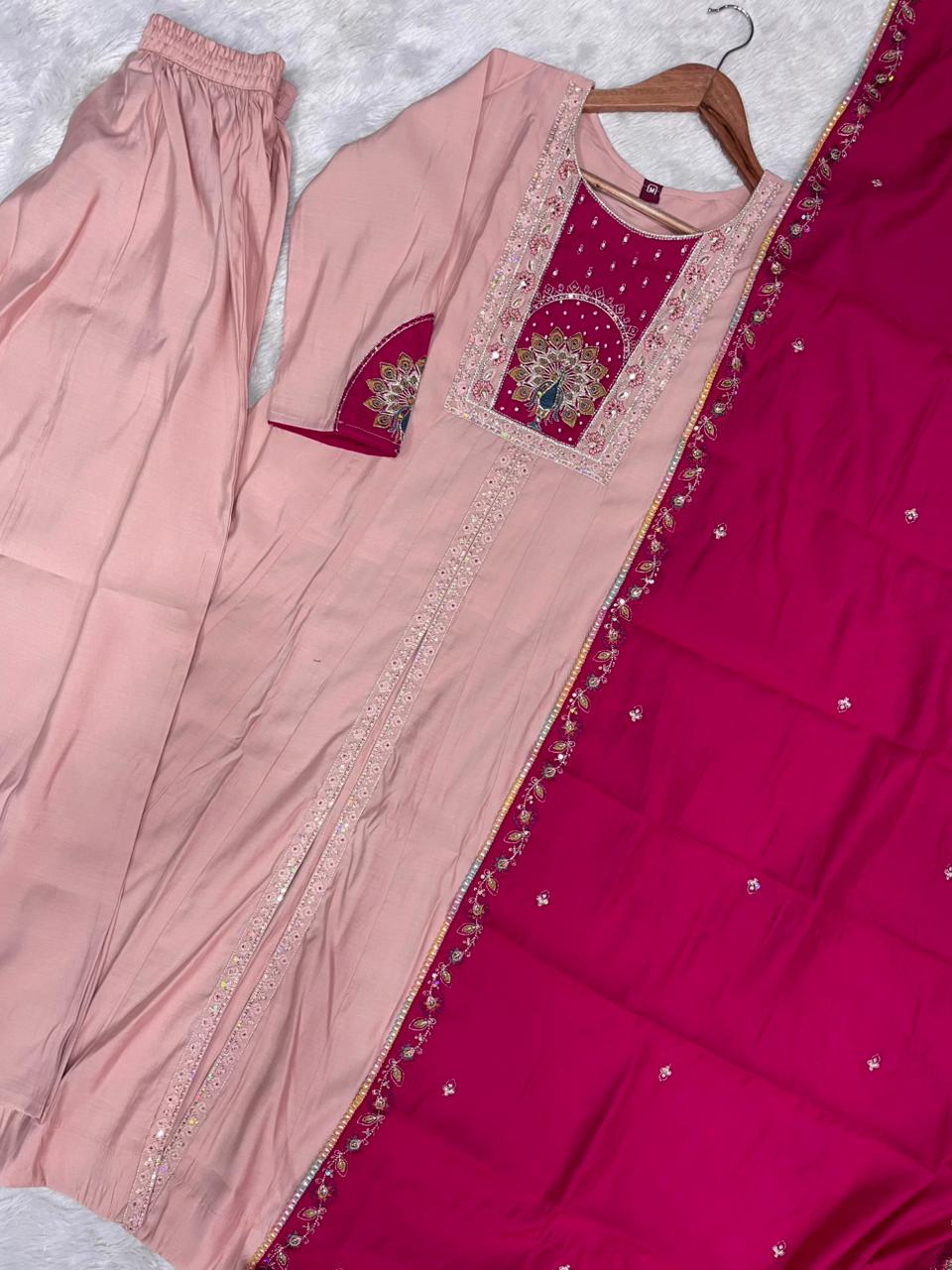 Hanch Roman Silk Embroidered Anarkali Kurti Set – Peach