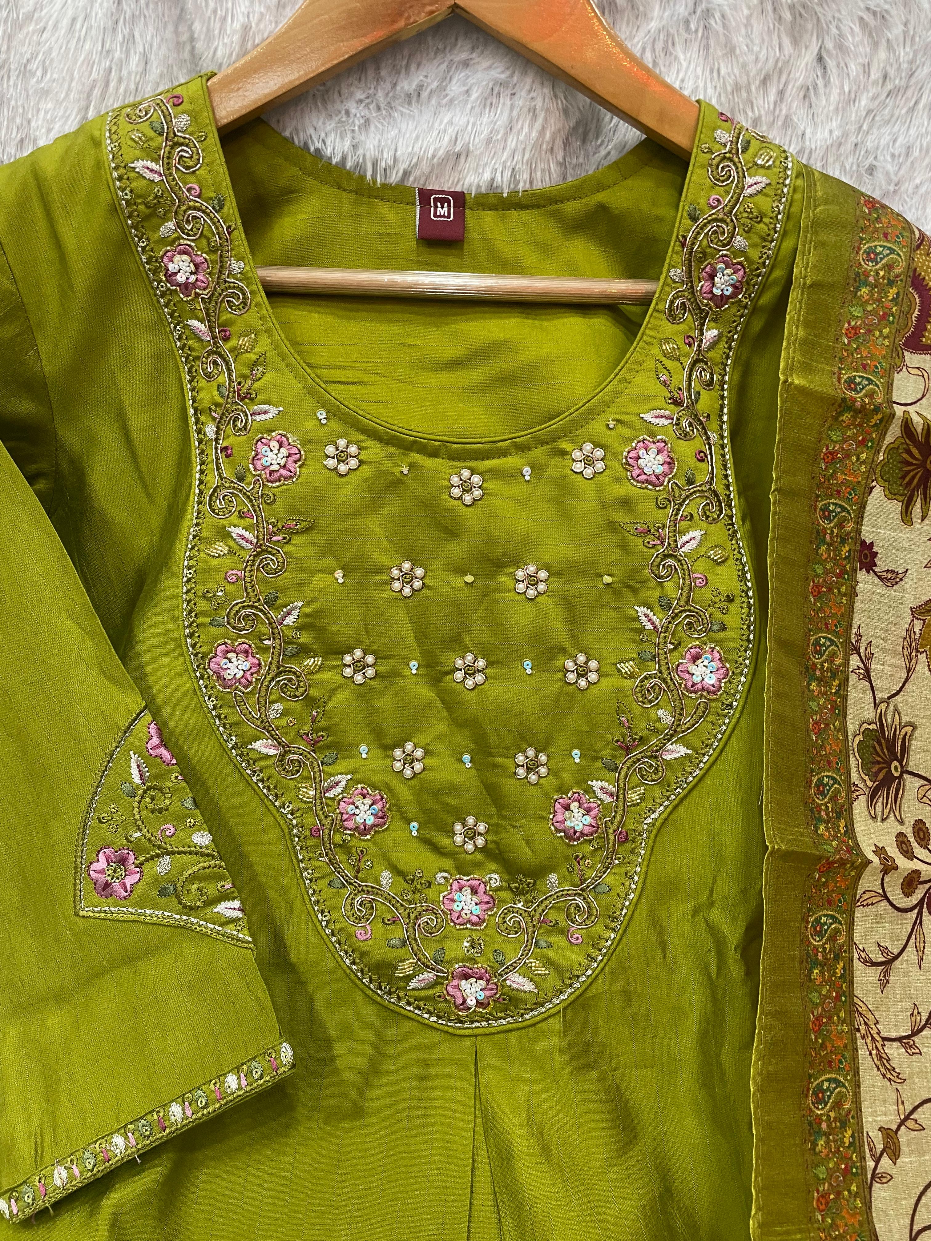 Hanch Premium Marina Silk Embroidered Straight Kurti Set – Parrot Green