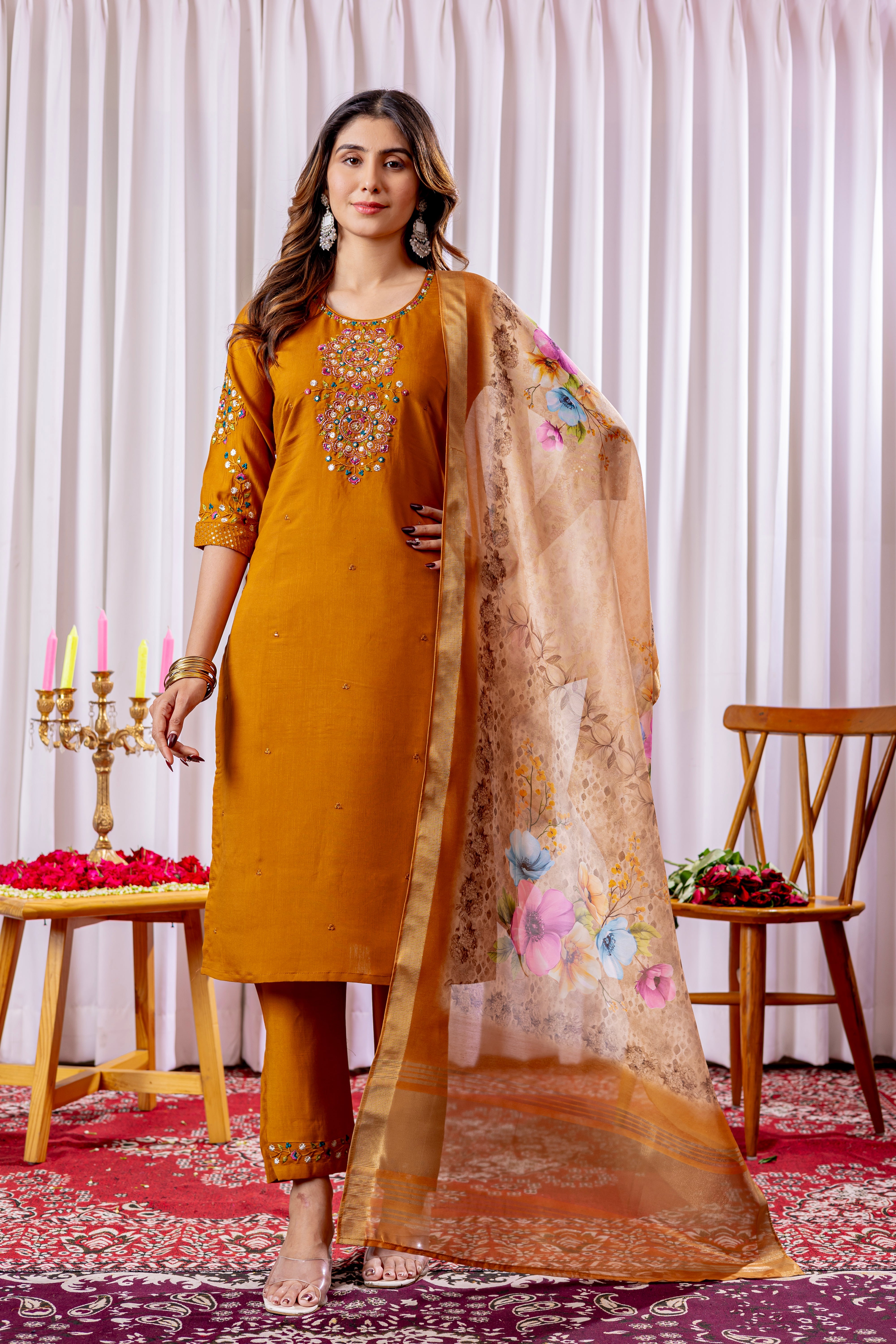 Hanch Viscose Silk Embroidered Straight Kurti Set – Mustard