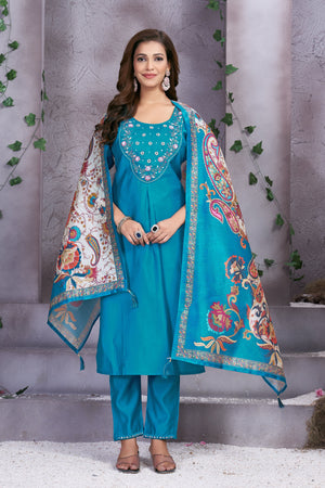 Hanch Premium Marina Silk Embroidered Straight Kurti Set – Firozi