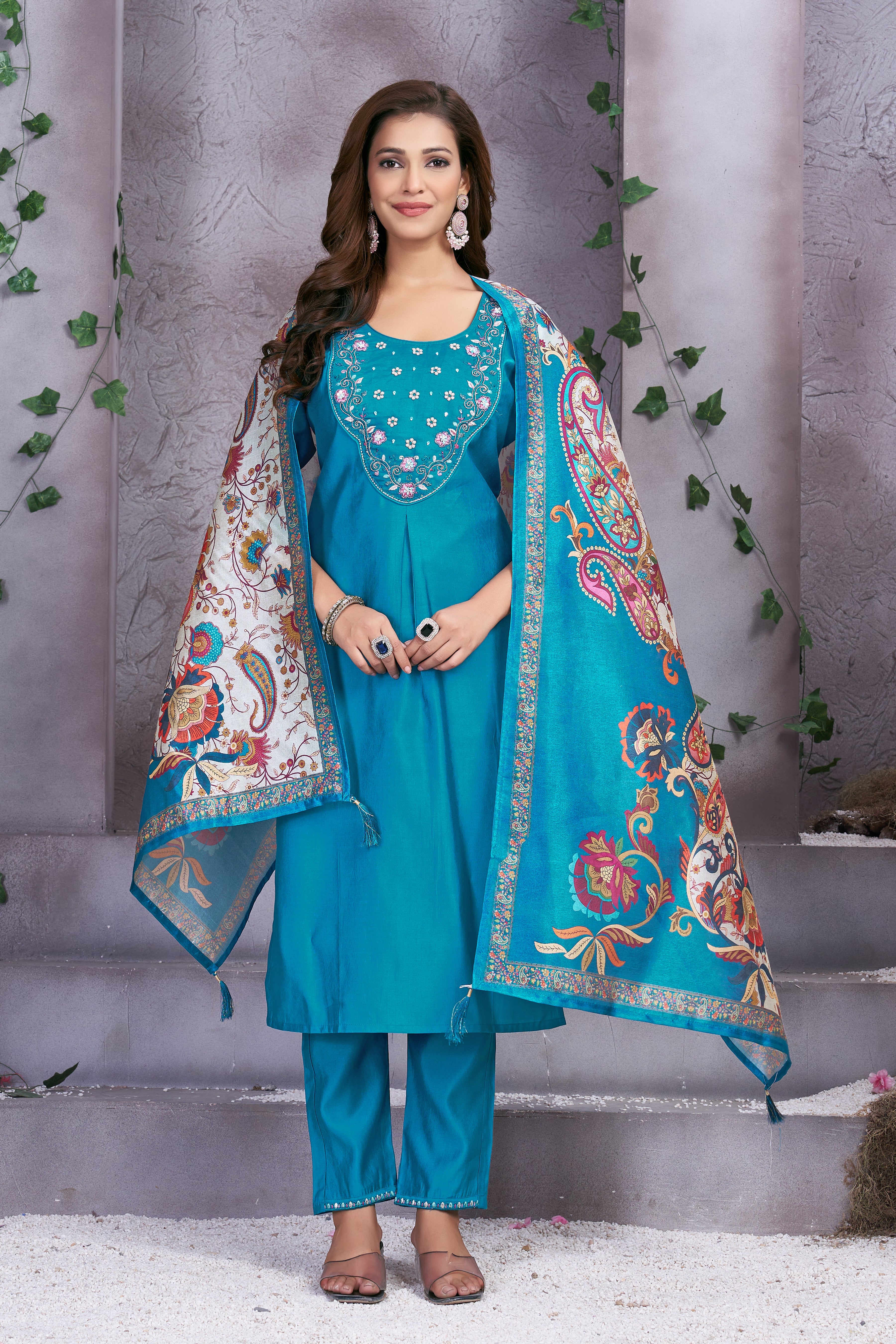 Hanch Premium Marina Silk Embroidered Straight Kurti Set – Firozi
