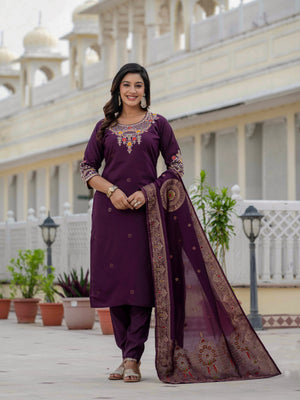 Hanch Premium Roman Silk Embroidered Straight Kurti Set – Wine