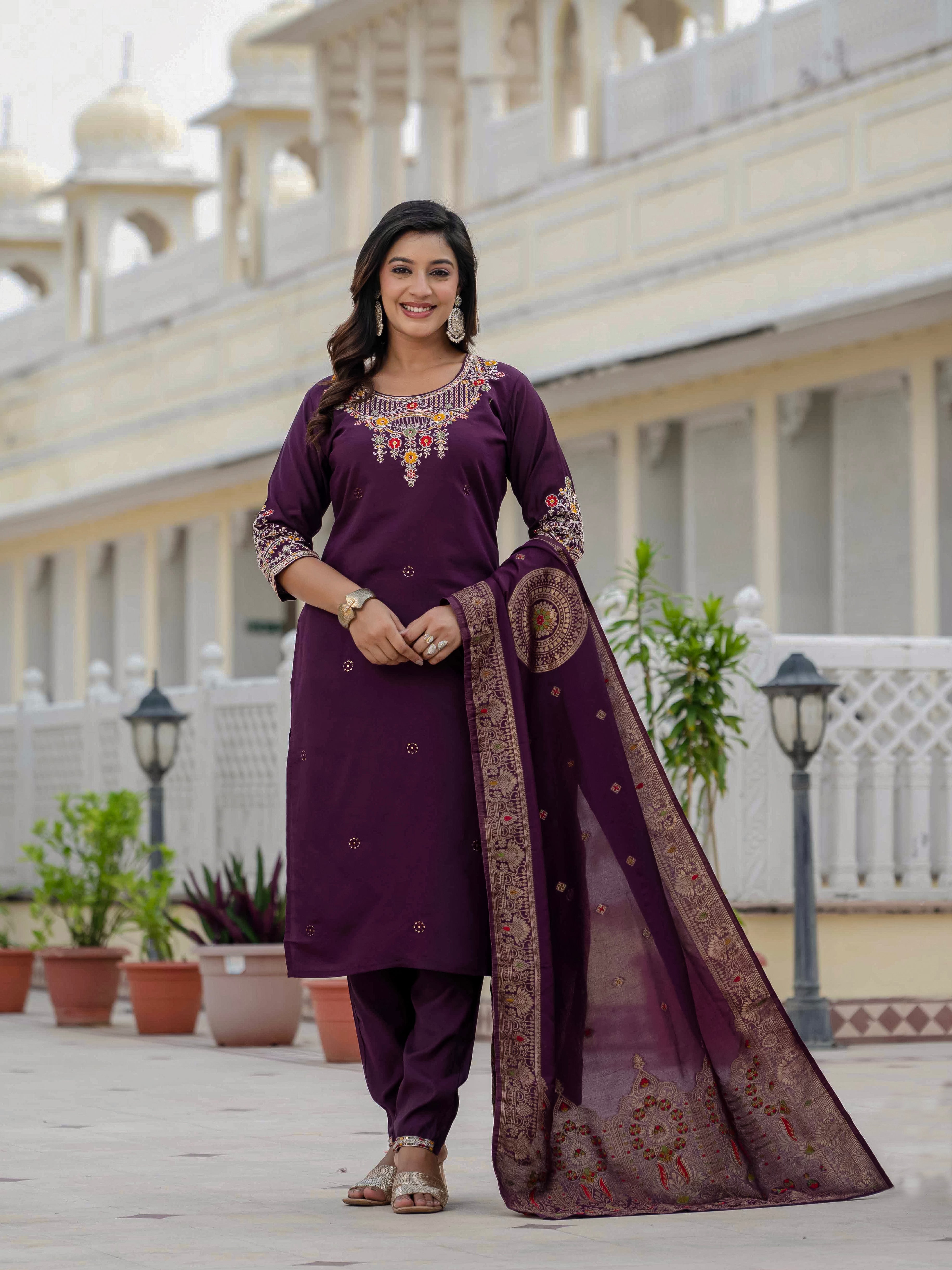 Hanch Premium Roman Silk Embroidered Straight Kurti Set – Wine