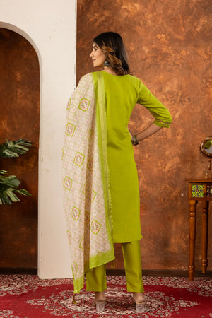 Hanch Marina Silk Embroidered Straight Kurti Set – Parrot Green