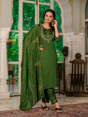 Hanch Marina Silk Embroidered Straight Kurti Set – Mehndi Green