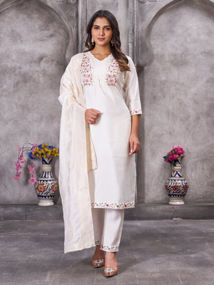 Hanch Roman Silk Embroidered Straight Kurti Set – White