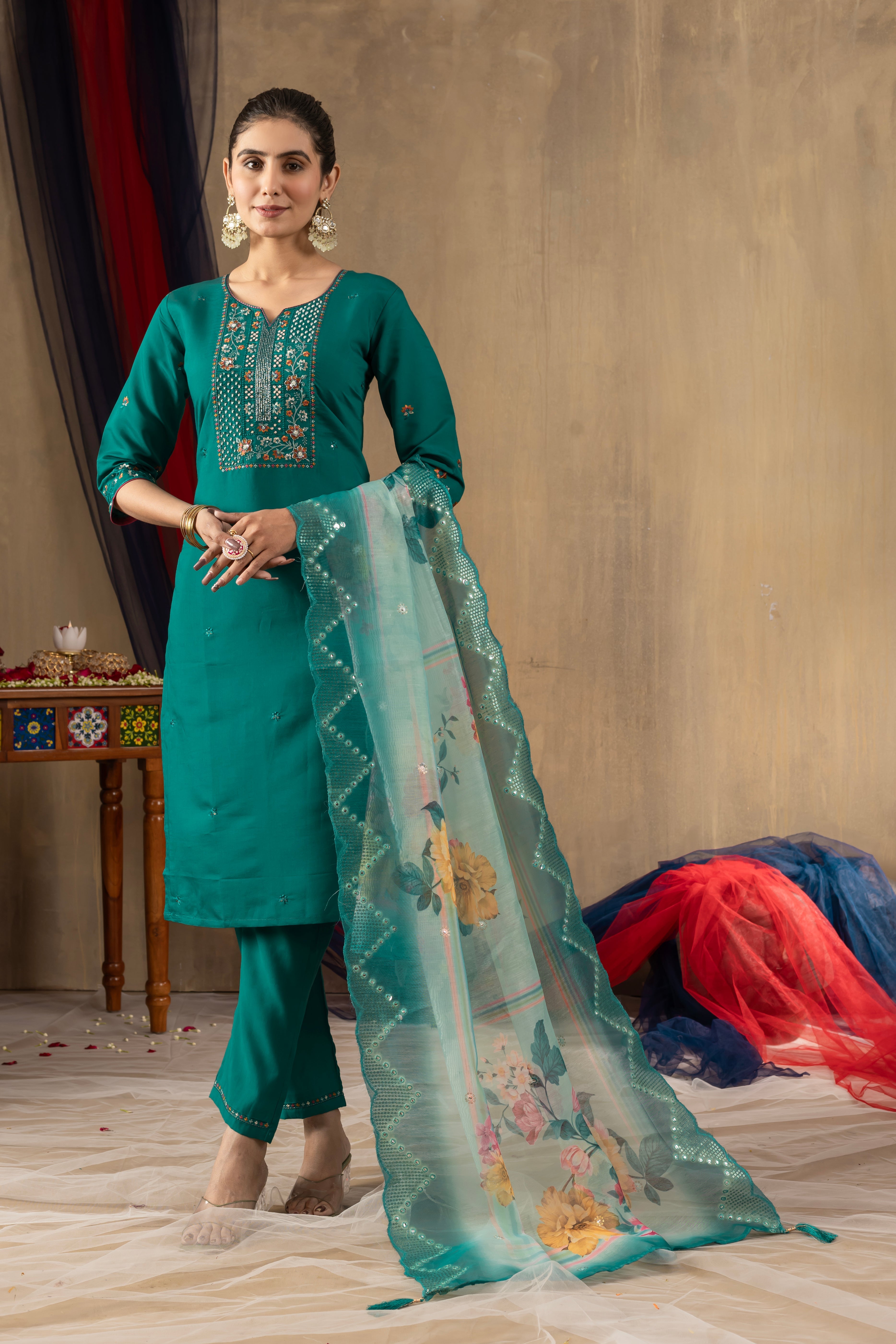 Hanch Roman Silk Embroidered Straight Kurti Set – Rama Green