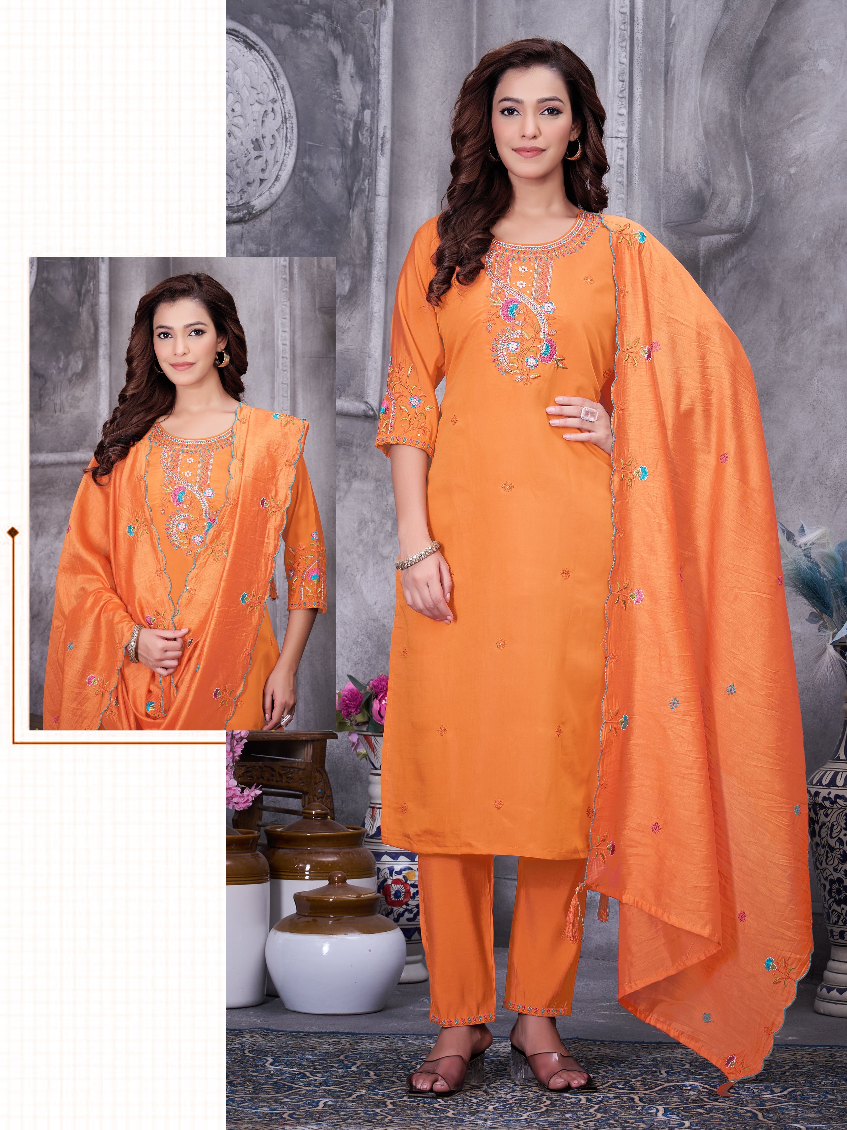 Hanch Roman Silk Embroidered Straight Kurti Set – Orange