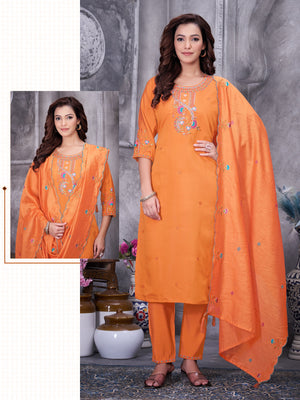 Hanch Roman Silk Embroidered Straight Kurti Set – Orange